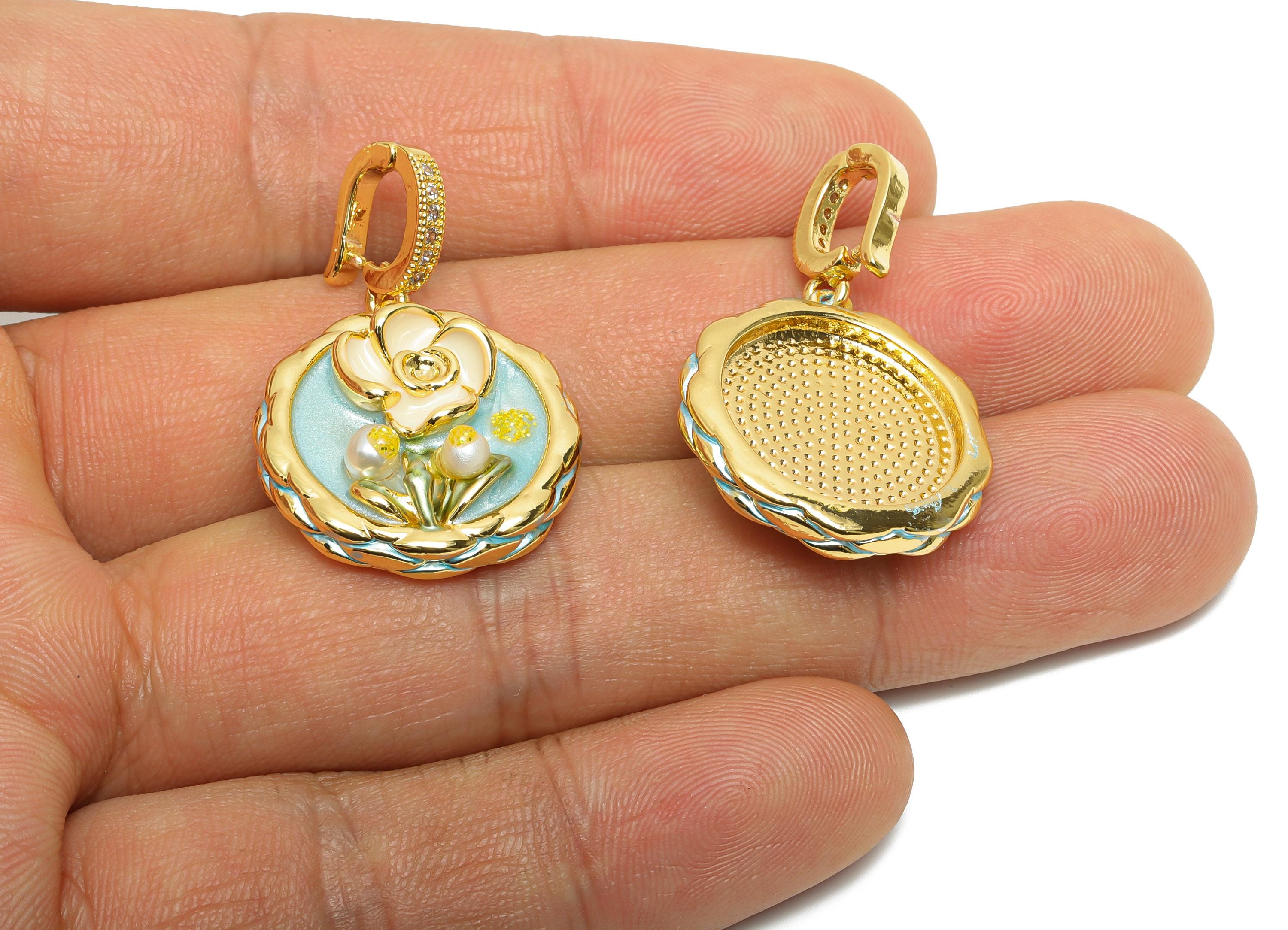 Elegant Floral Pendant - Brass Pearl Enamel Pendant - Dainty Vintage Bracelet Charm With Bail - 18K Real Gold Plated - 33x21x8mm - RGP10709 - DOMEDBAZAAR
