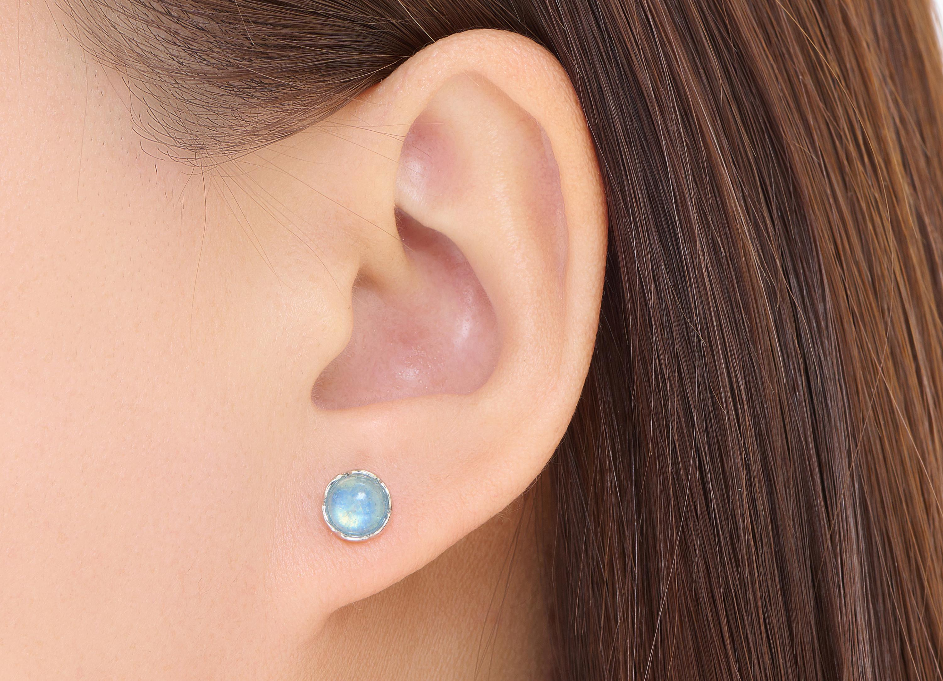 Aquamarine Brass Round Stud - Sparkling Natural Gemstone Earring Post - Jewelry Making - Silver Stud - White K Plated - 7.6x7.6x3mm - NS2583 - DOMEDBAZAAR