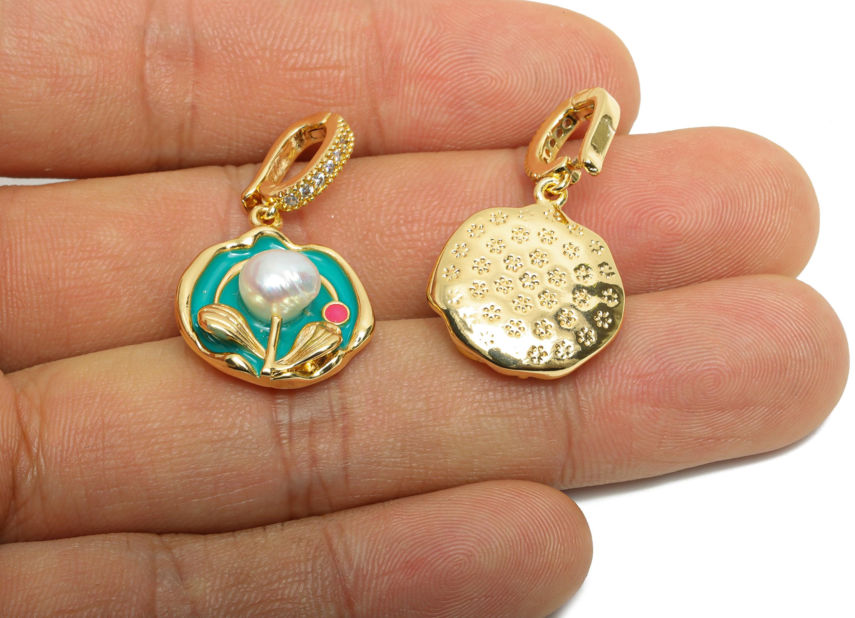 Textured Floral Pendant - Brass Pearl Enamel Pendant - Dainty Vintage Bracelet Charm With Bail - 18K Real Gold Plated - 31x18x7mm - RGP10701 - DOMEDBAZAAR