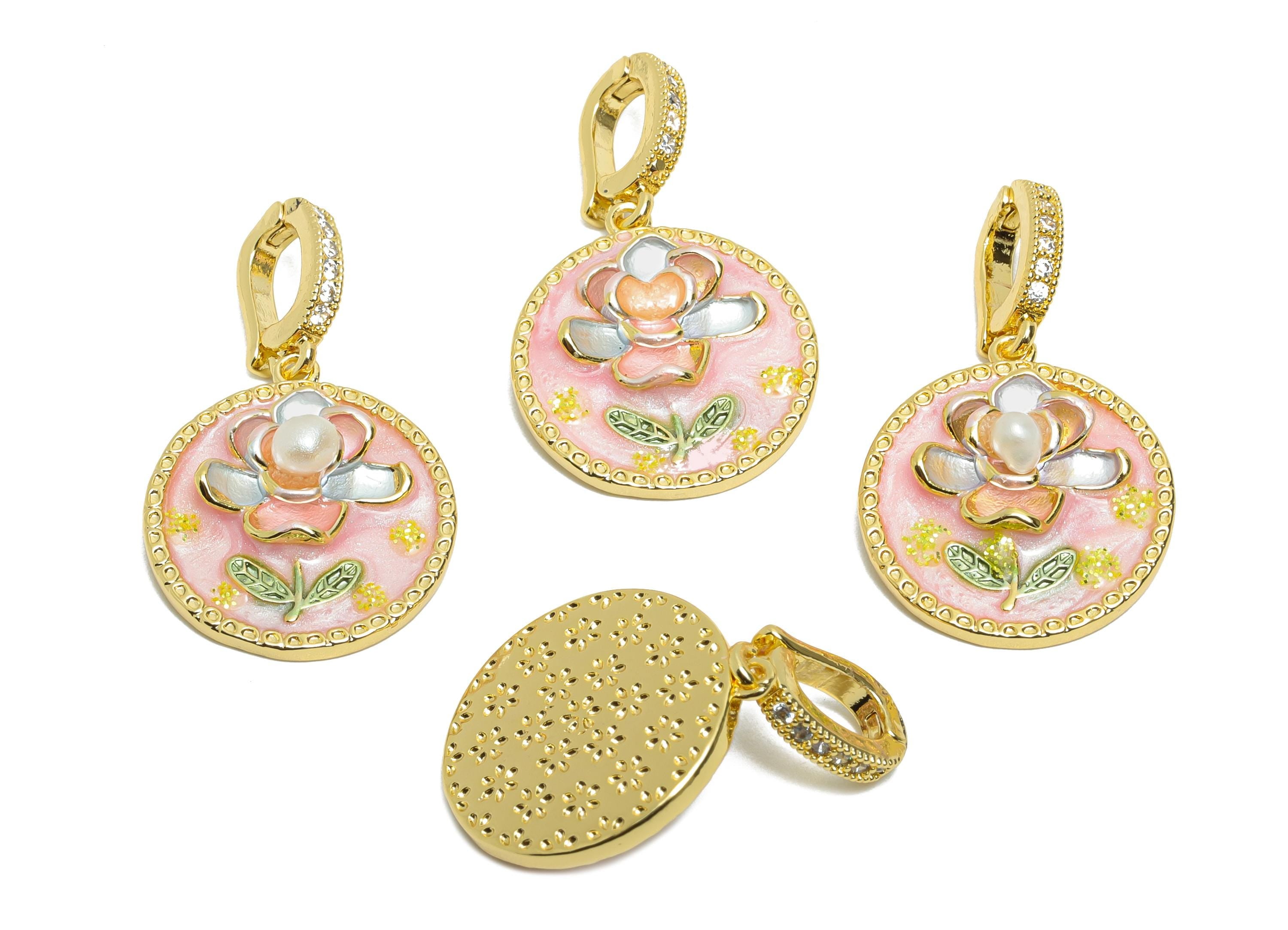 Summer Floral Pendant - Brass Luxury Enamel Pendant With Pearl - Vintage Bracelet Charm With Bail - 18K Real Gold Plated -29x18x6mm-RGP10707 - DOMEDBAZAAR