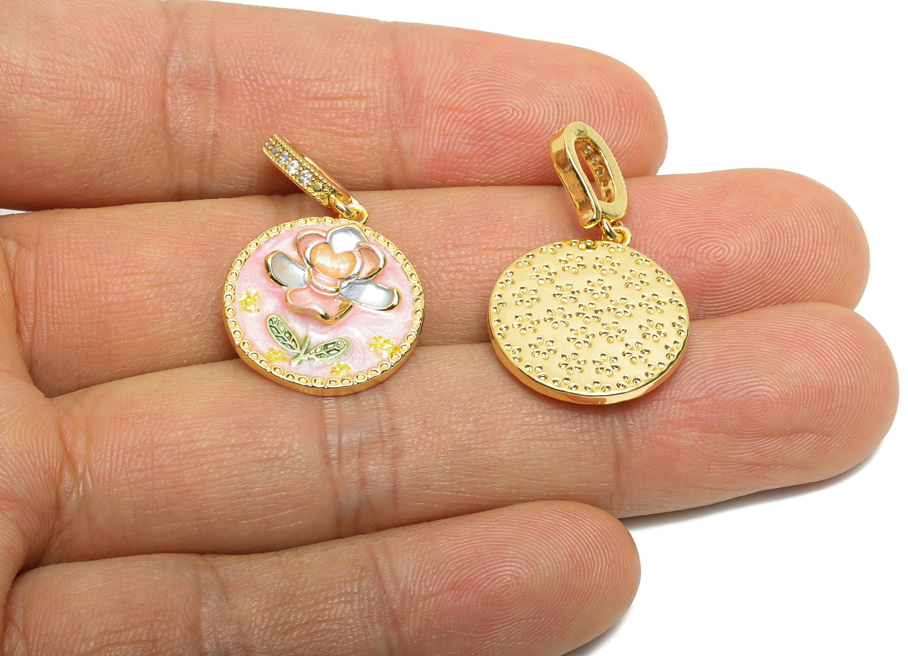 Summer Floral Pendant - Brass Luxury Enamel Pendant With Pearl - Vintage Bracelet Charm With Bail - 18K Real Gold Plated -29x18x6mm-RGP10707 - DOMEDBAZAAR