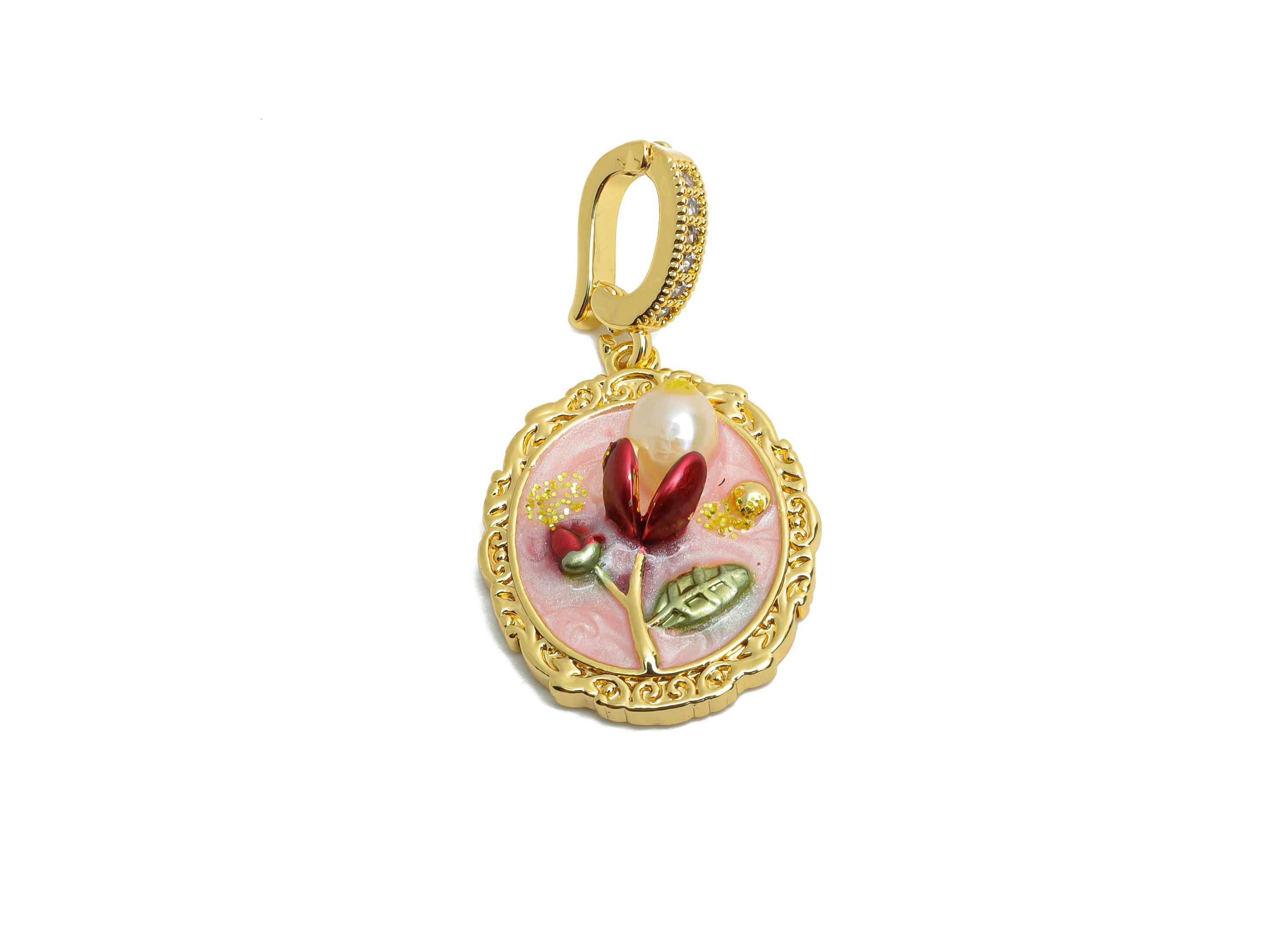 Elegant Floral Pendant - Brass Luxury Enamel Pendant With Pearl -  Vintage Looking Pendant - 18K Real Gold Plated - 33x17x6.02mm - RGP10714 - DOMEDBAZAAR