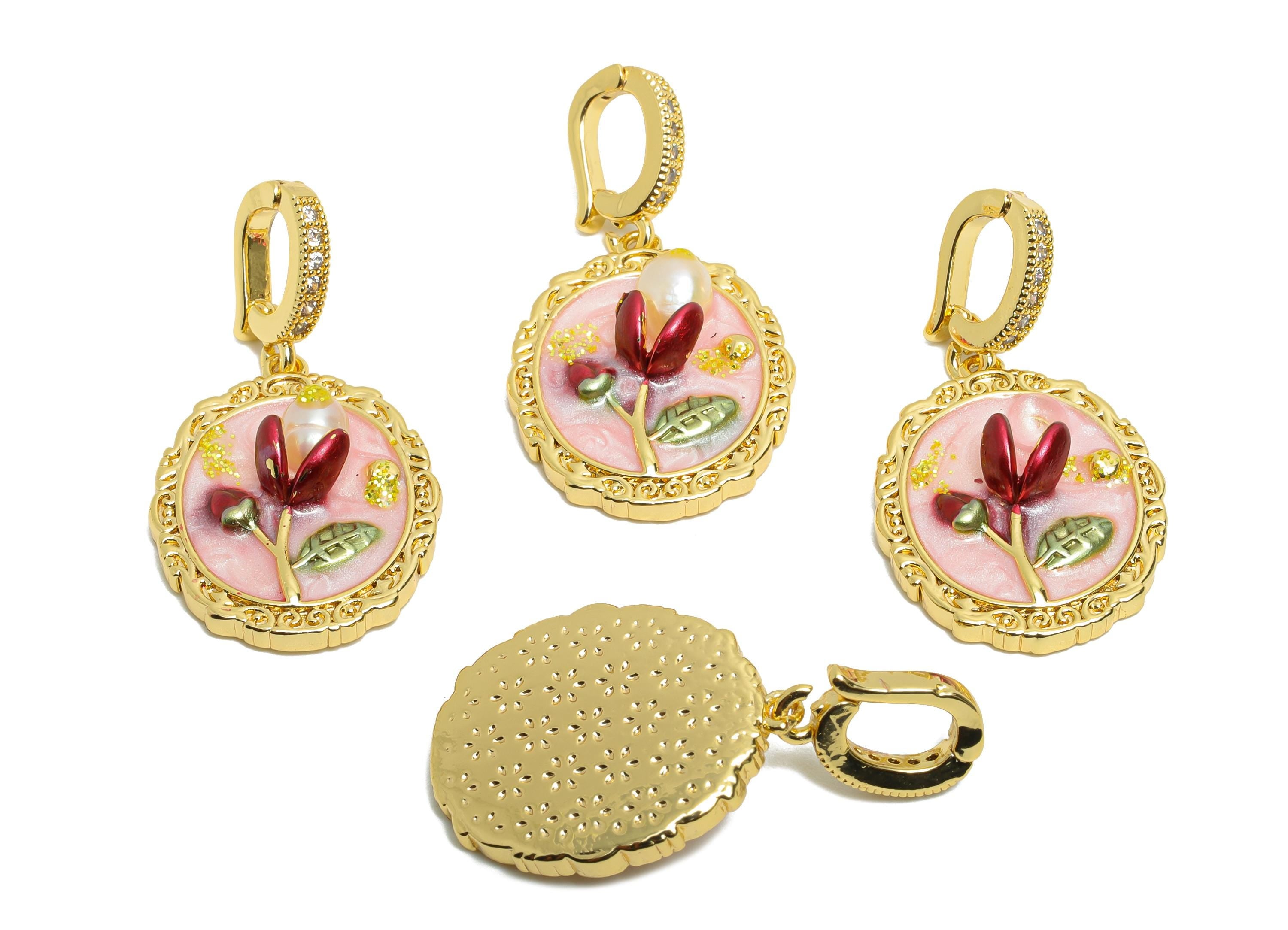 Elegant Floral Pendant - Brass Luxury Enamel Pendant With Pearl -  Vintage Looking Pendant - 18K Real Gold Plated - 33x17x6.02mm - RGP10714 - DOMEDBAZAAR