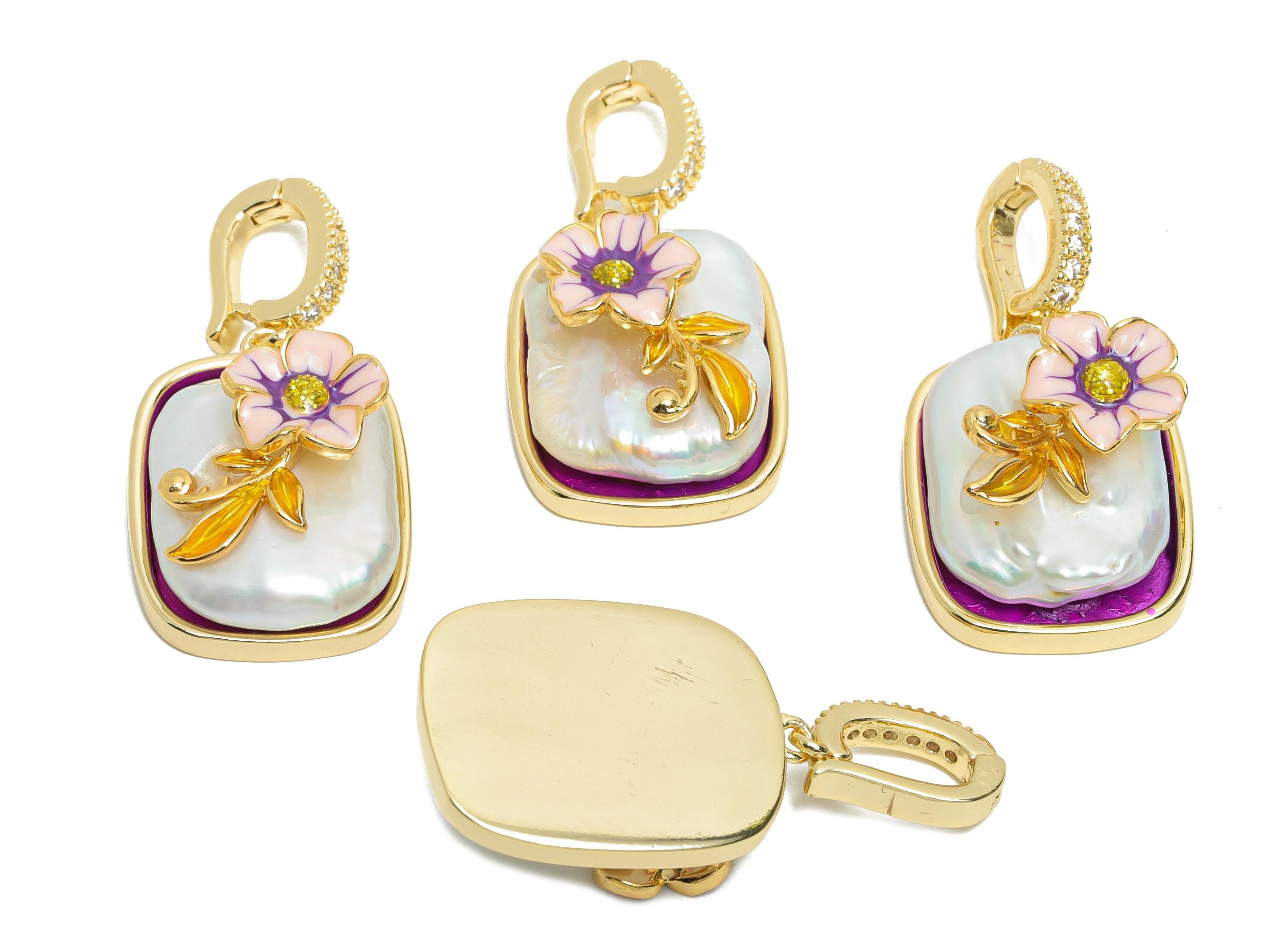 Mother of Pearl Pendant - Brass Luxury Enamel Floral Pendant - Elegant Bracelet Charm With Bail - 18K Real Gold Plated - 35x17x10mm-RGP10700 - DOMEDBAZAAR