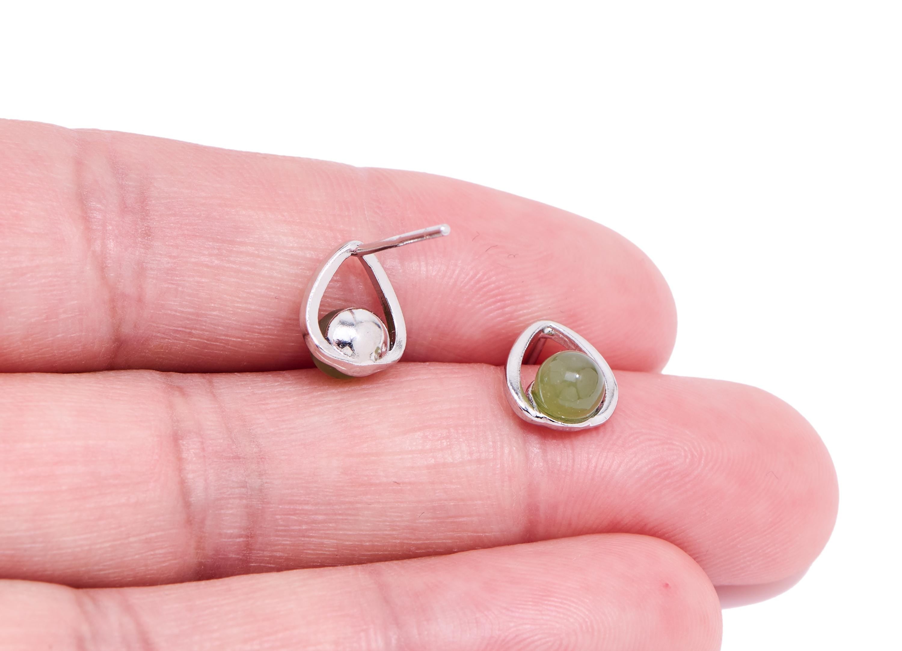 Jade Stone Brass Teardrop Stud - Sparkling Natural Gemstone Earring Post - Jewelry Making - Silver Stud - White K Plated - 9x8x5.5mm -NS2677 - DOMEDBAZAAR
