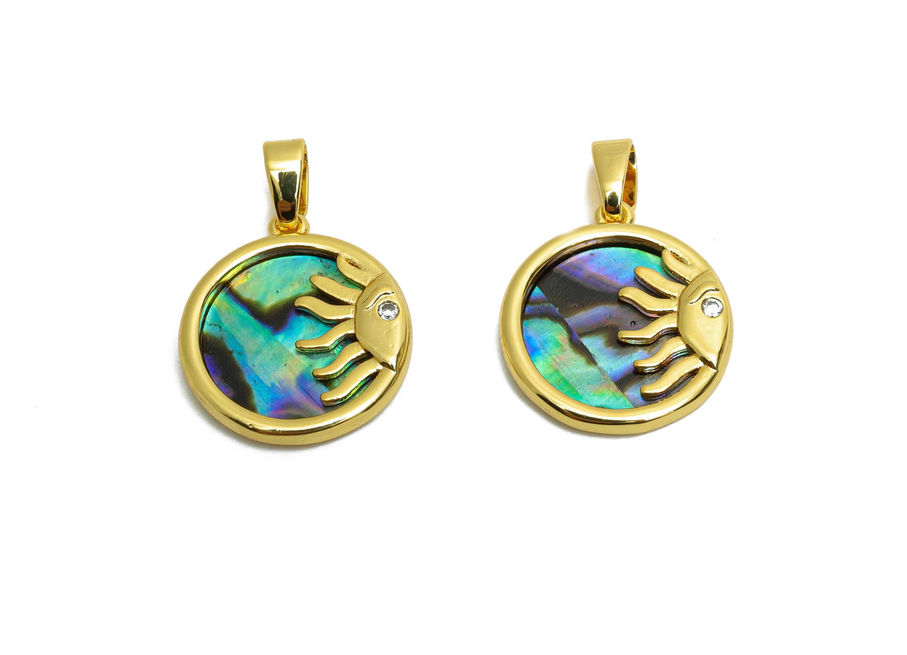 Abalone Shell Pendant - Brass CZ Gold Sun Motif Pendant - Bohemian Sunburst Abalone With Bail - 18K Real Gold Plated - 16x14x5mm - RGP10632 - DOMEDBAZAAR