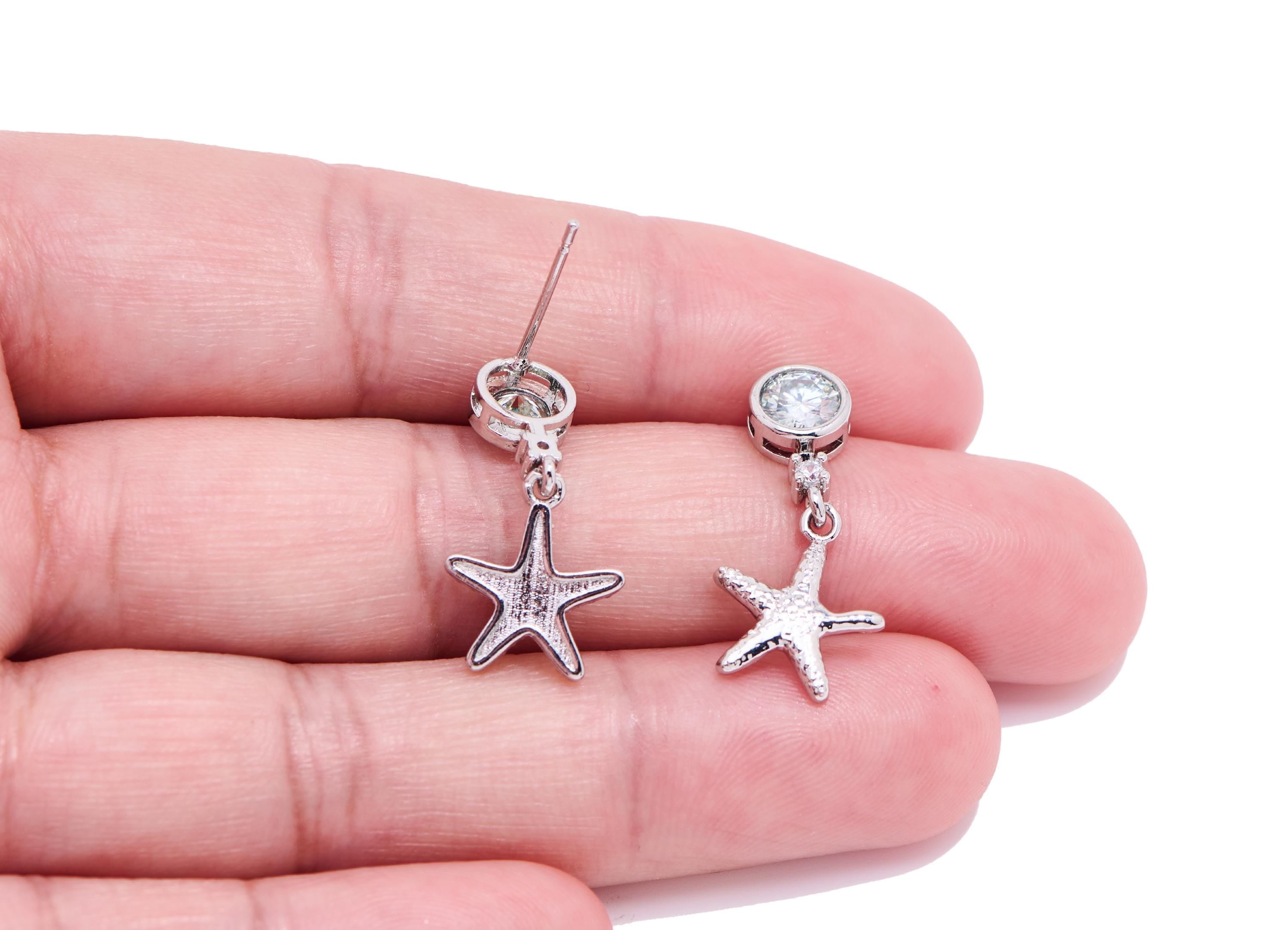 Mosan Stone Dangle Starfish Stud - Sparking Brass Zircon Dangle Earring Post - Dainty Jewelry Making - White K Plated - 23x11x3mm - NS2638 - DOMEDBAZAAR