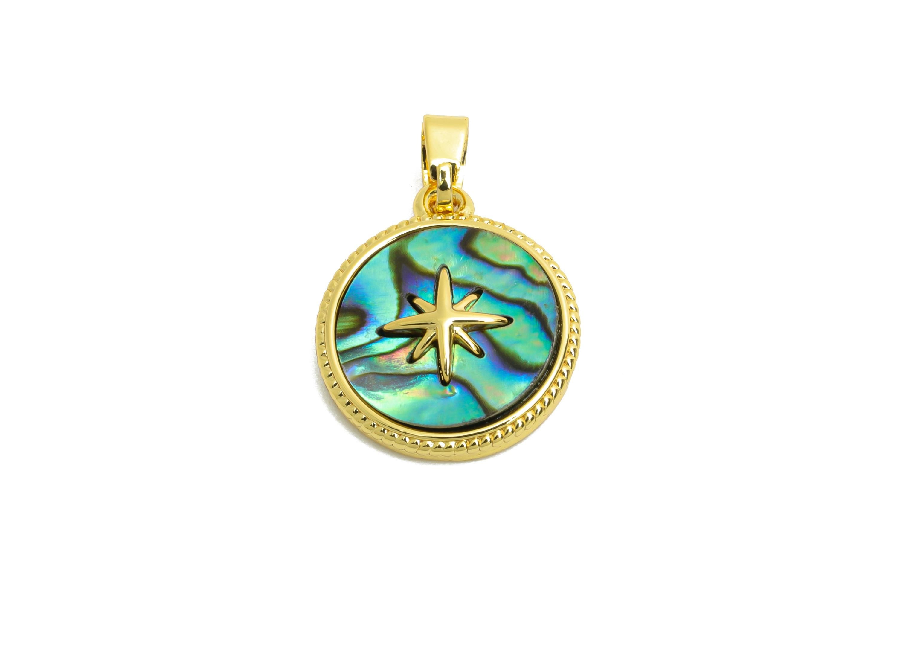 Abalone Shell Pendant - Brass Gold Star Motif Pendant - Bohemian North Abalone With Bail - 18K Real Gold Plated - 16x14x3.42mm - RGP10631 - DOMEDBAZAAR