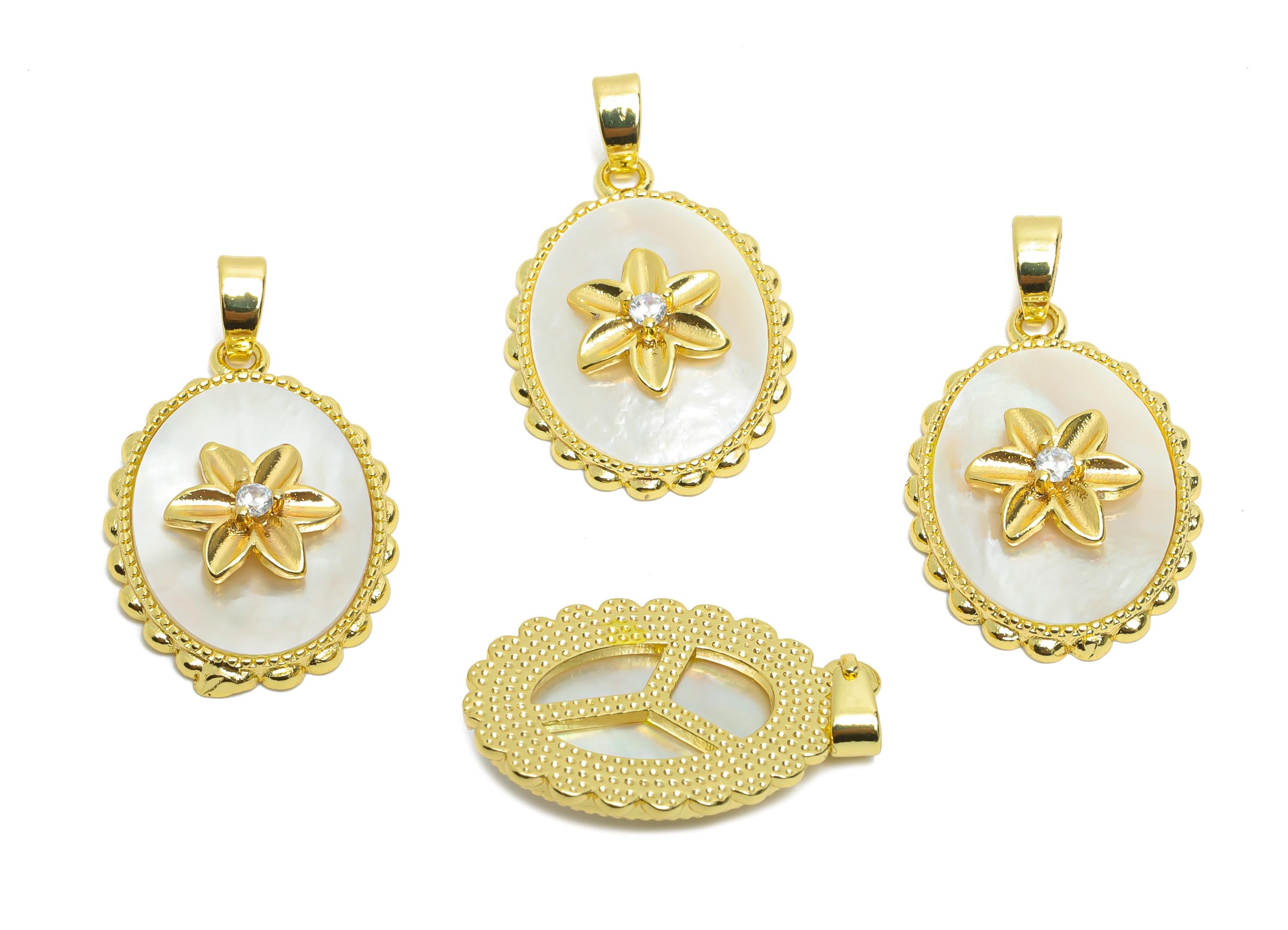 Brass Floral Shell Pendant - Brass Gold Vintage Looking Pendant - Cubic Zircon Flower With Bail - 18K Real Gold Plated - 22x15x4mm -RGP10622 - DOMEDBAZAAR