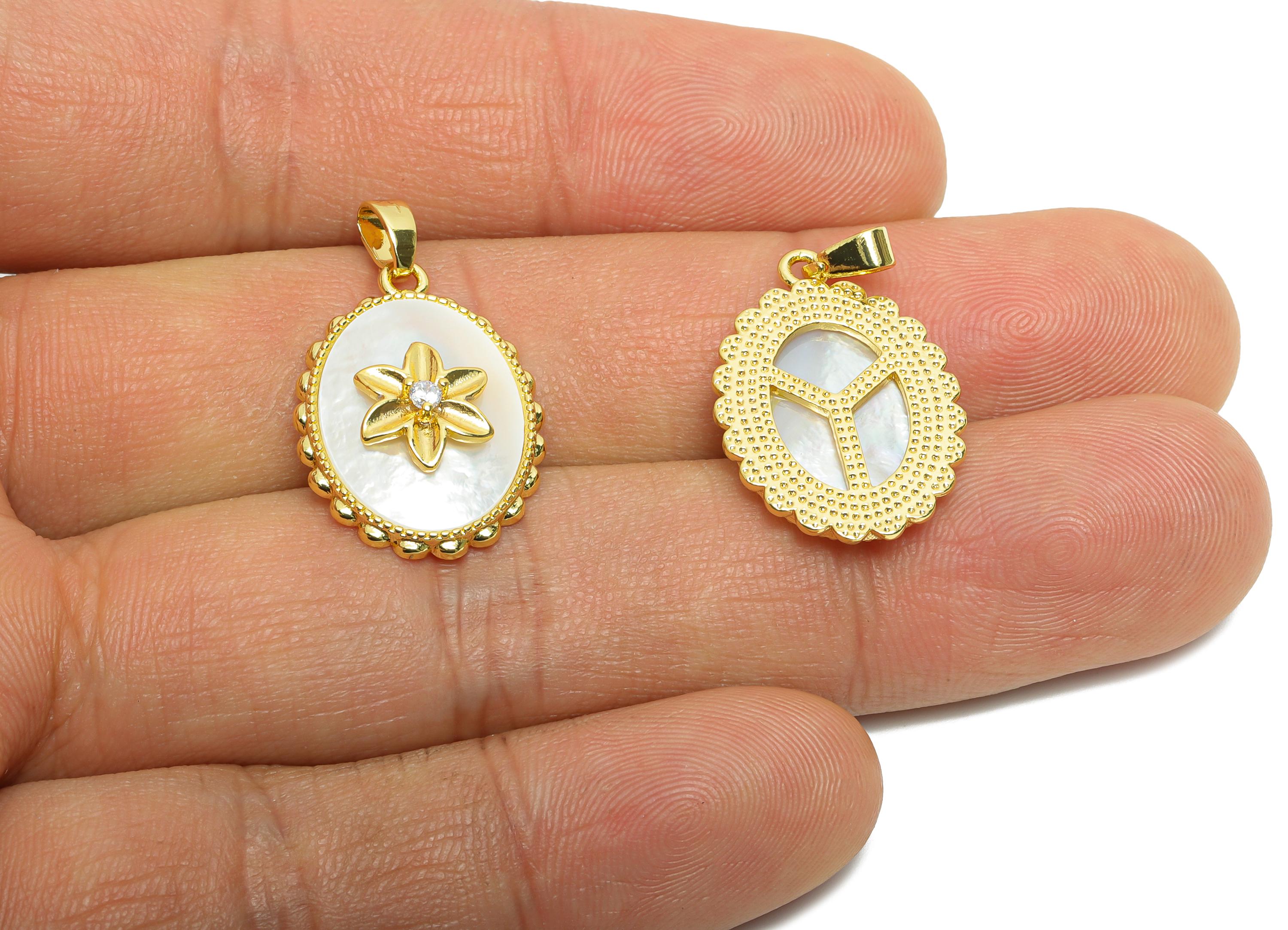 Brass Floral Shell Pendant - Brass Gold Vintage Looking Pendant - Cubic Zircon Flower With Bail - 18K Real Gold Plated - 22x15x4mm -RGP10622 - DOMEDBAZAAR