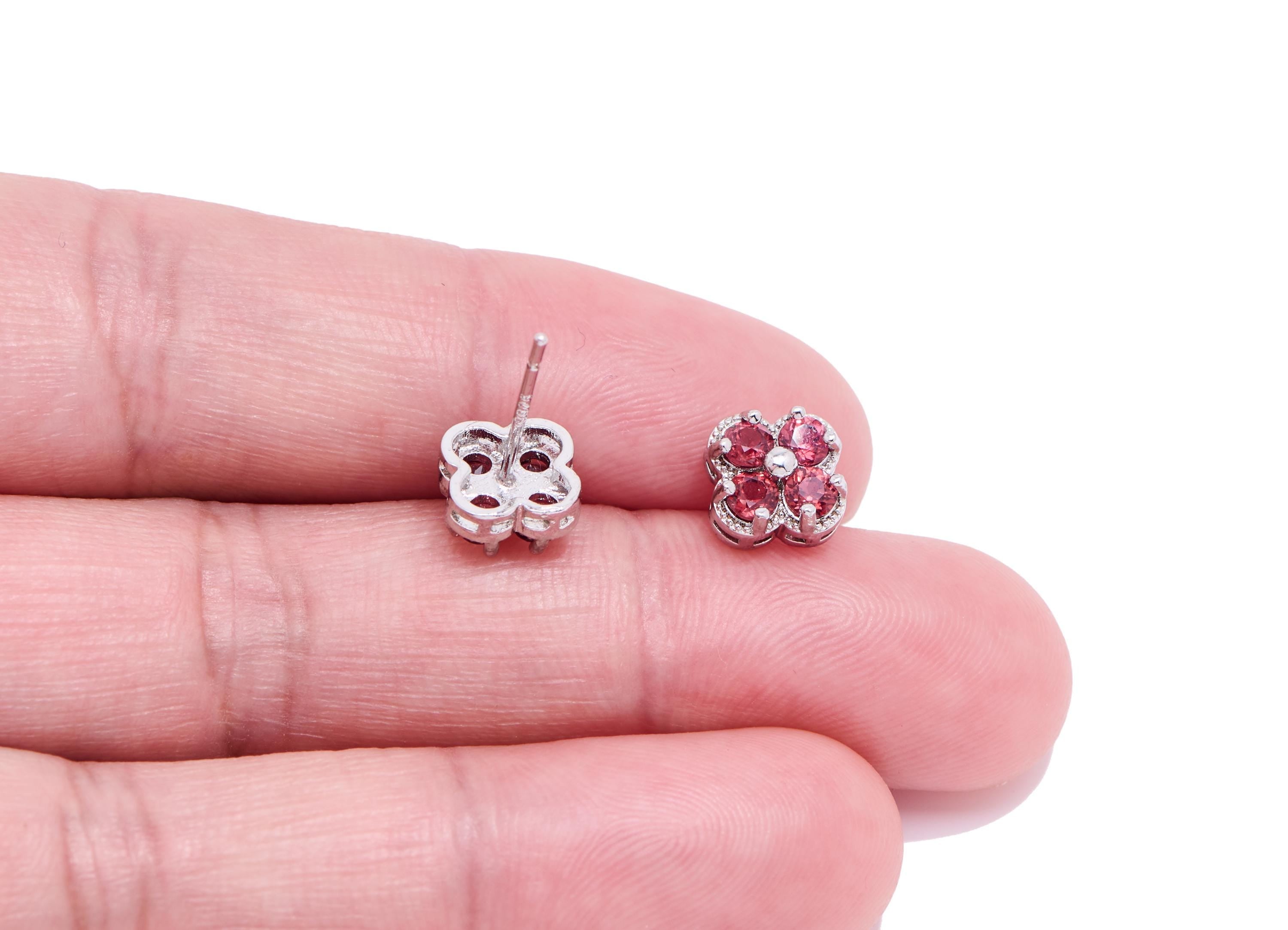 Garnet Floral Earring Stud - Sparkling Brass Cluster Stone Post - Dainty Jewelry Making - Silver Stud - White K Plated - 8.8x7.6x4mm -NS2654 - DOMEDBAZAAR