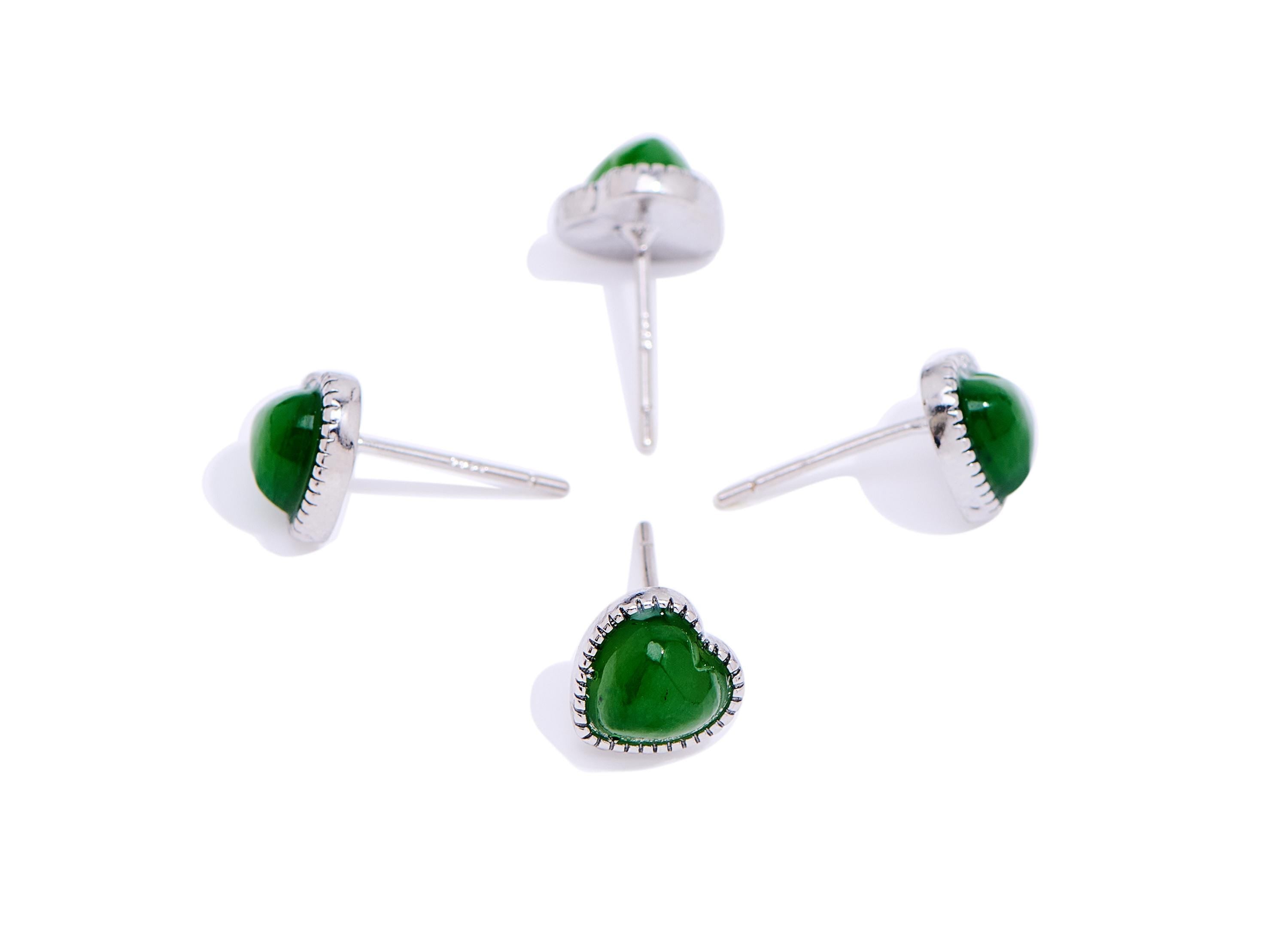 Jade Stone Brass Heart Studs - Modern Natural Gemstone Posts - Dainty Jewelry Making - Silver Stud - White K Plated - 7.8x7.8x4mm - NS2630 - DOMEDBAZAAR