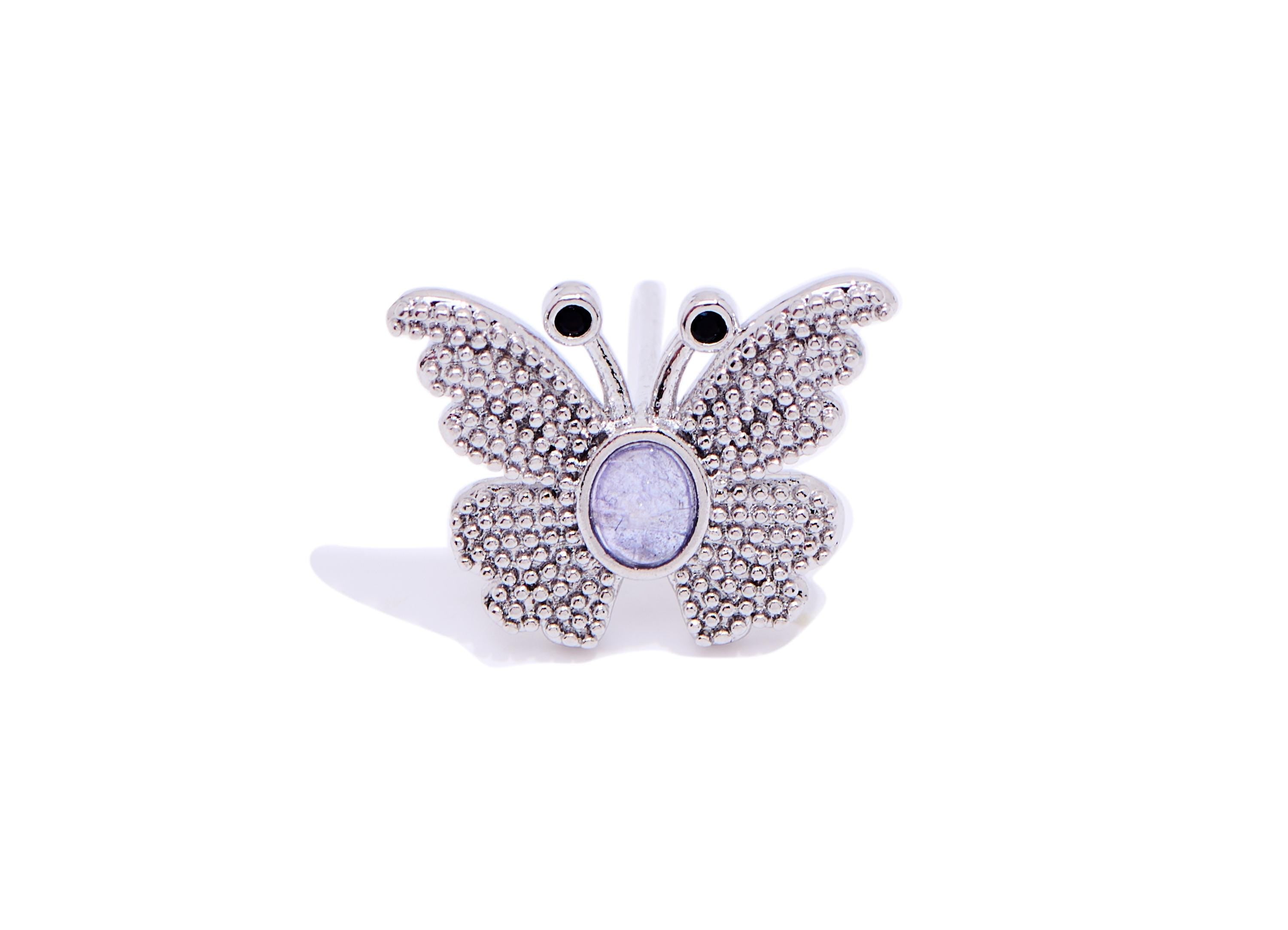 Tanzanite Brass Butterfly Studs - Elegant Gemstone Insect Post - Dainty Jewelry Making - Silver Stud - White K Plated - 15.6x12x3mm - NS2579 - DOMEDBAZAAR