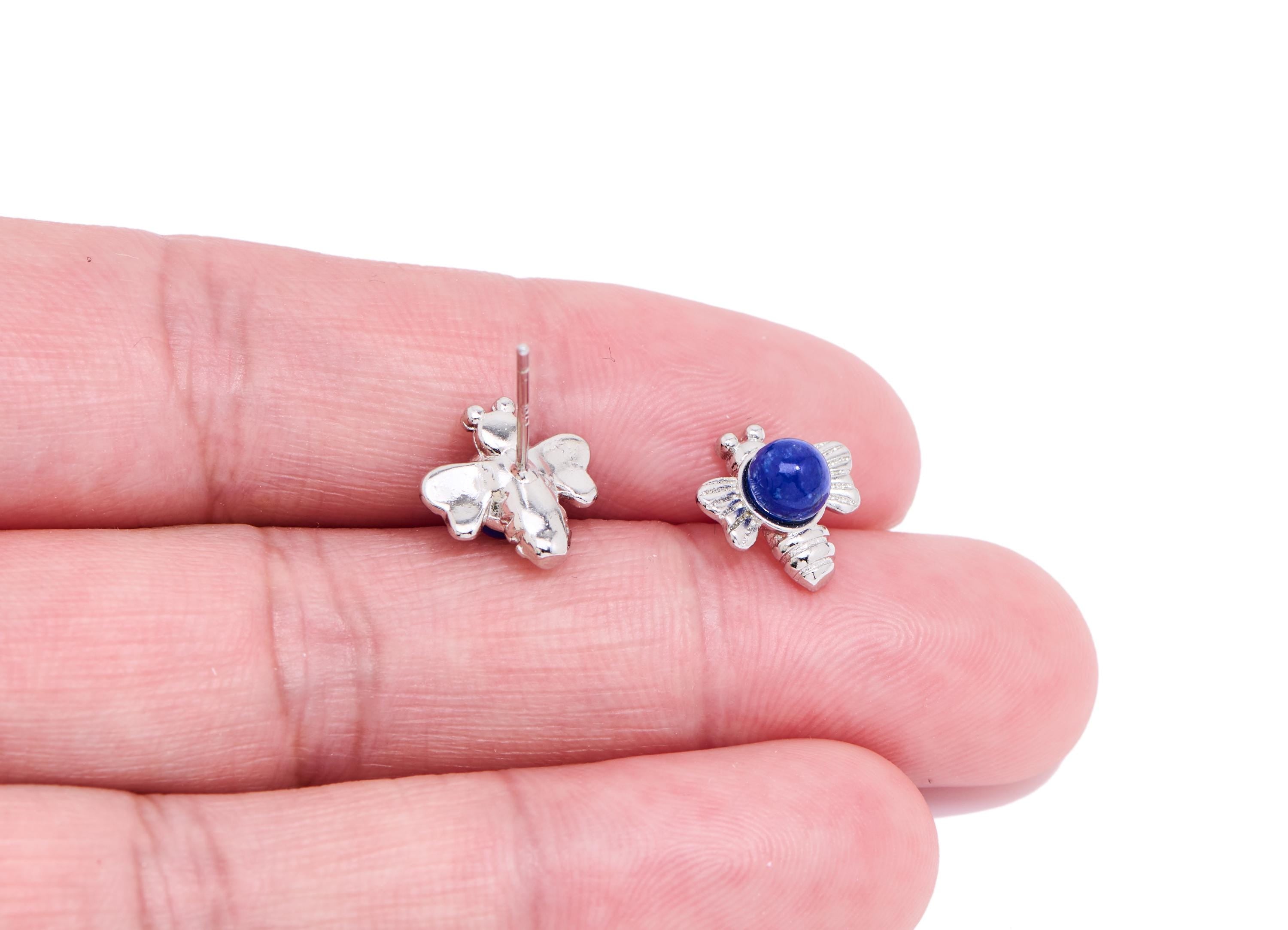 Lapis lazuli Brass Bee Stud - Textured Gemstone Insect Post - Dainty Jewelry Making - Silver Stud - White K Plated - 10.84x11x6mm - NS2590 - DOMEDBAZAAR