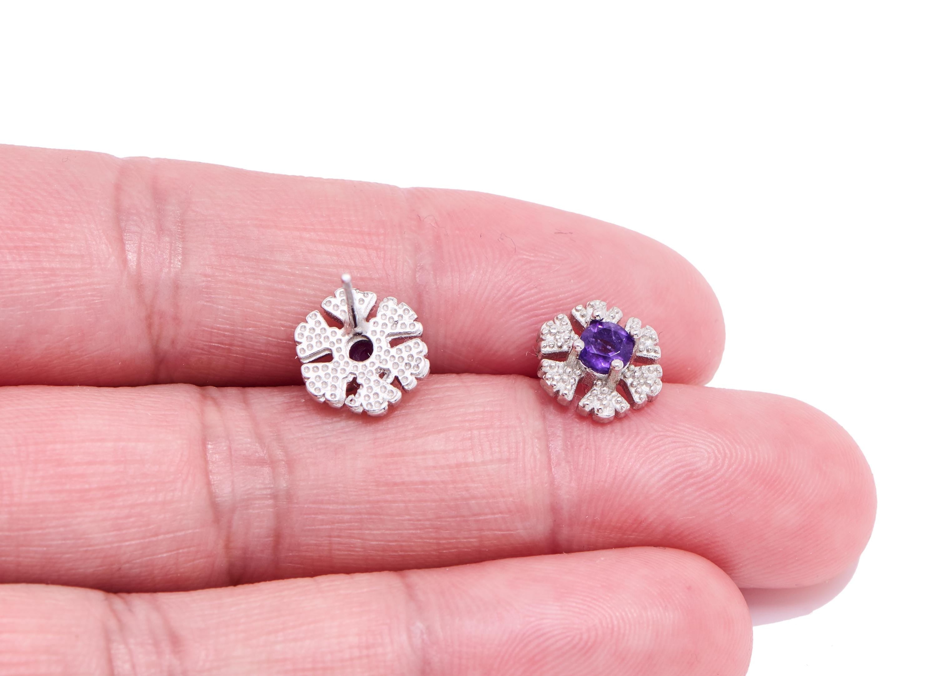 Amethyst Brass Snowflake Studs - Sparkling Gemstone Earring Posts - Jewelry Making - Silver Stud - White K Plated - 9.35x9.9x3.72mm - NS2594 - DOMEDBAZAAR