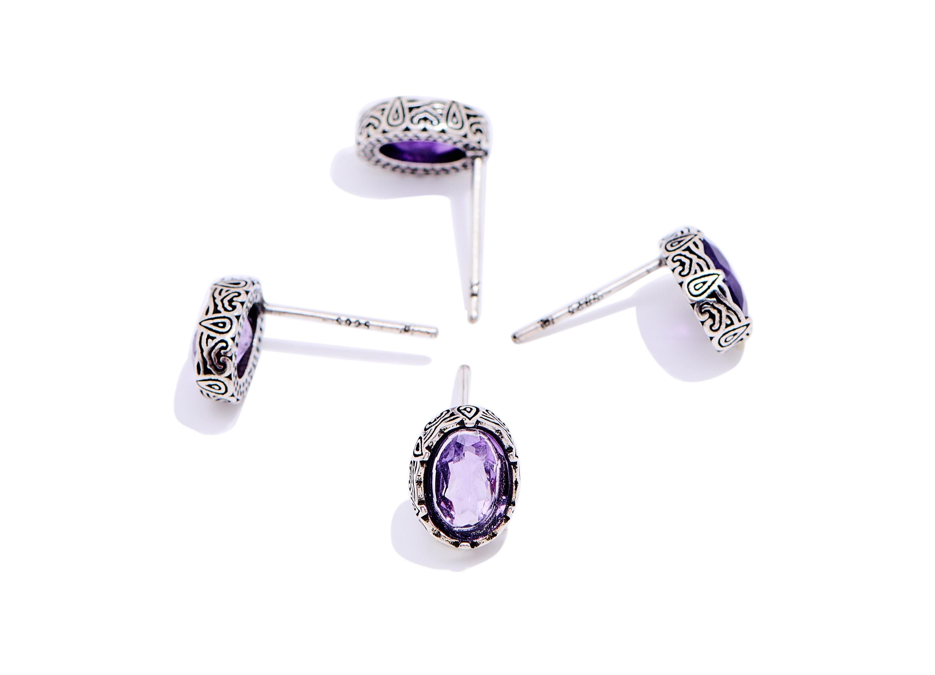 Amethyst Brass Oval Stud - Textured Faceted Natural Gemstone Post - Elegant Jewelry Making - Silver Stud - White K Plated - 9x7x3mm - NS2667 - DOMEDBAZAAR