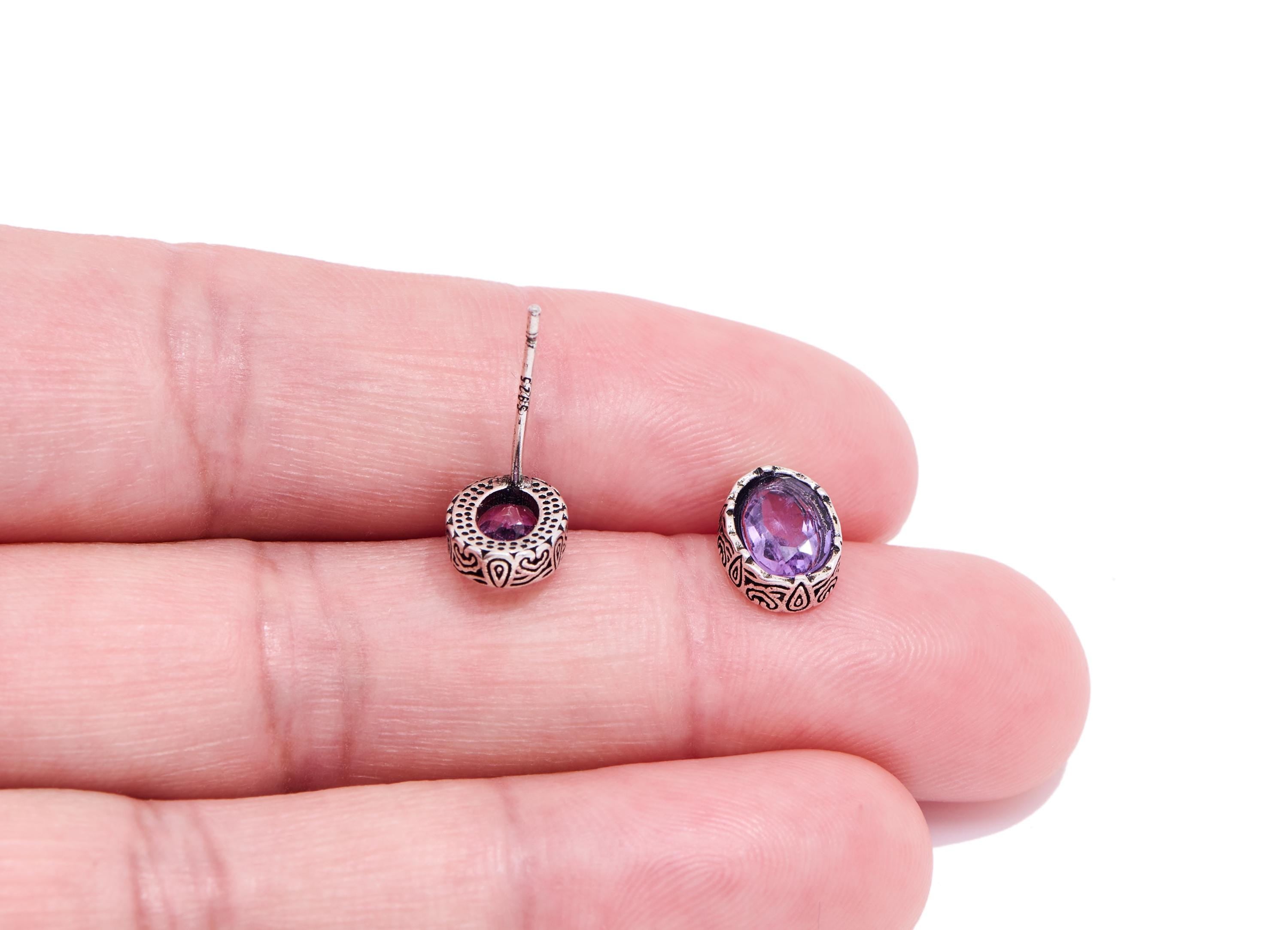 Amethyst Brass Oval Stud - Textured Faceted Natural Gemstone Post - Elegant Jewelry Making - Silver Stud - White K Plated - 9x7x3mm - NS2667 - DOMEDBAZAAR