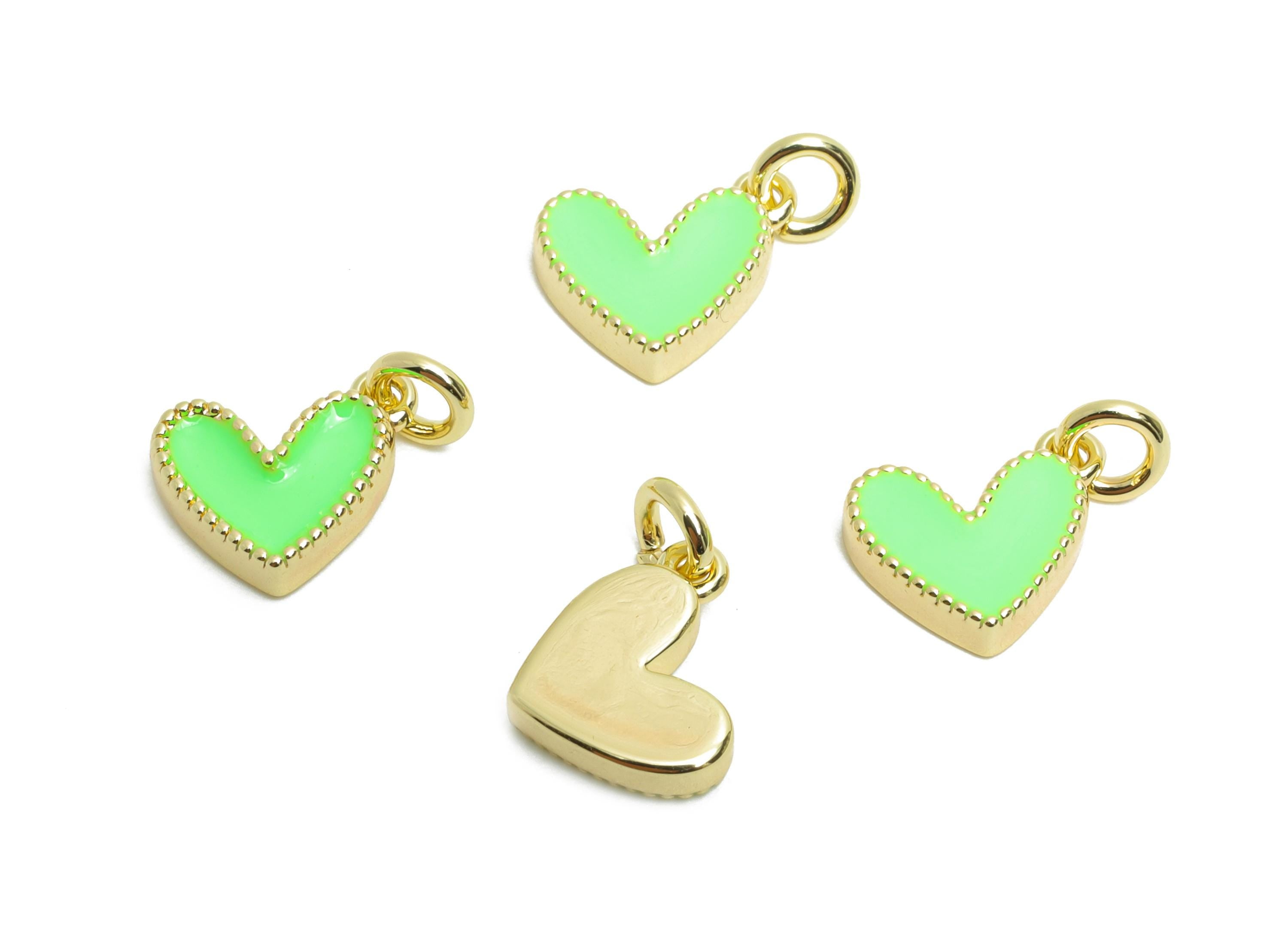 Brass Heart Earring Charm - Brass Green Enamel Earring Charm - Beaded Heart For Bracelet - 18K Real Gold Plated - 8.3x7.56x2.21mm - RGP10600 - DOMEDBAZAAR