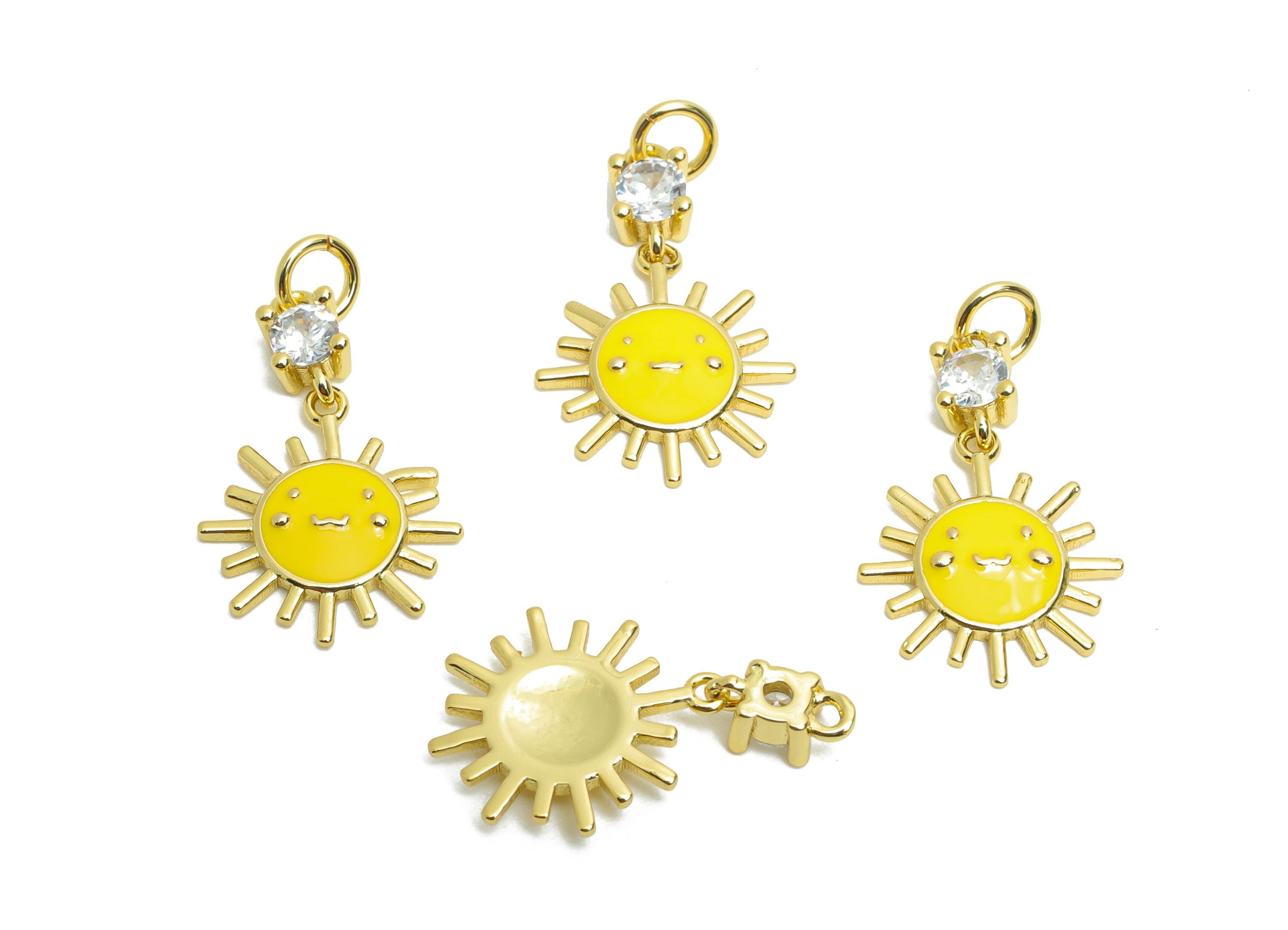 Brass Sun Earring Charm - Brass Vibrant Enamel Earring Charm - Cubic Zircon Dangle For Bracelet - 18K Real Gold Plated - 15x10x2mm -RGP10607 - DOMEDBAZAAR