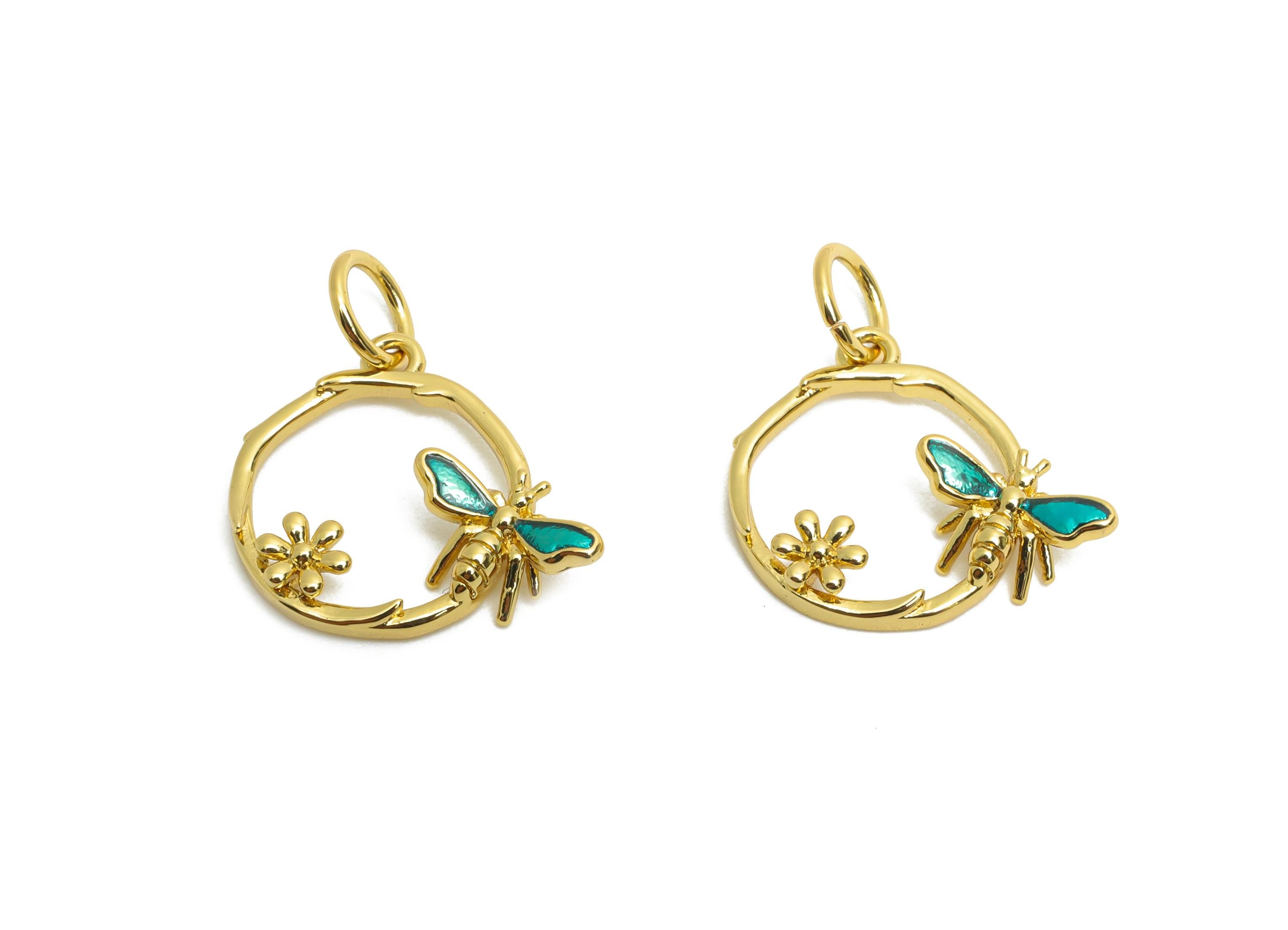 Brass Bee Hoop Earring Charm - Brass Flower Enamel Pendant - Cute Bee Ring Charm For Bracelet - 18K Real Gold Plated - 13x14x2mm - RGP10605 - DOMEDBAZAAR