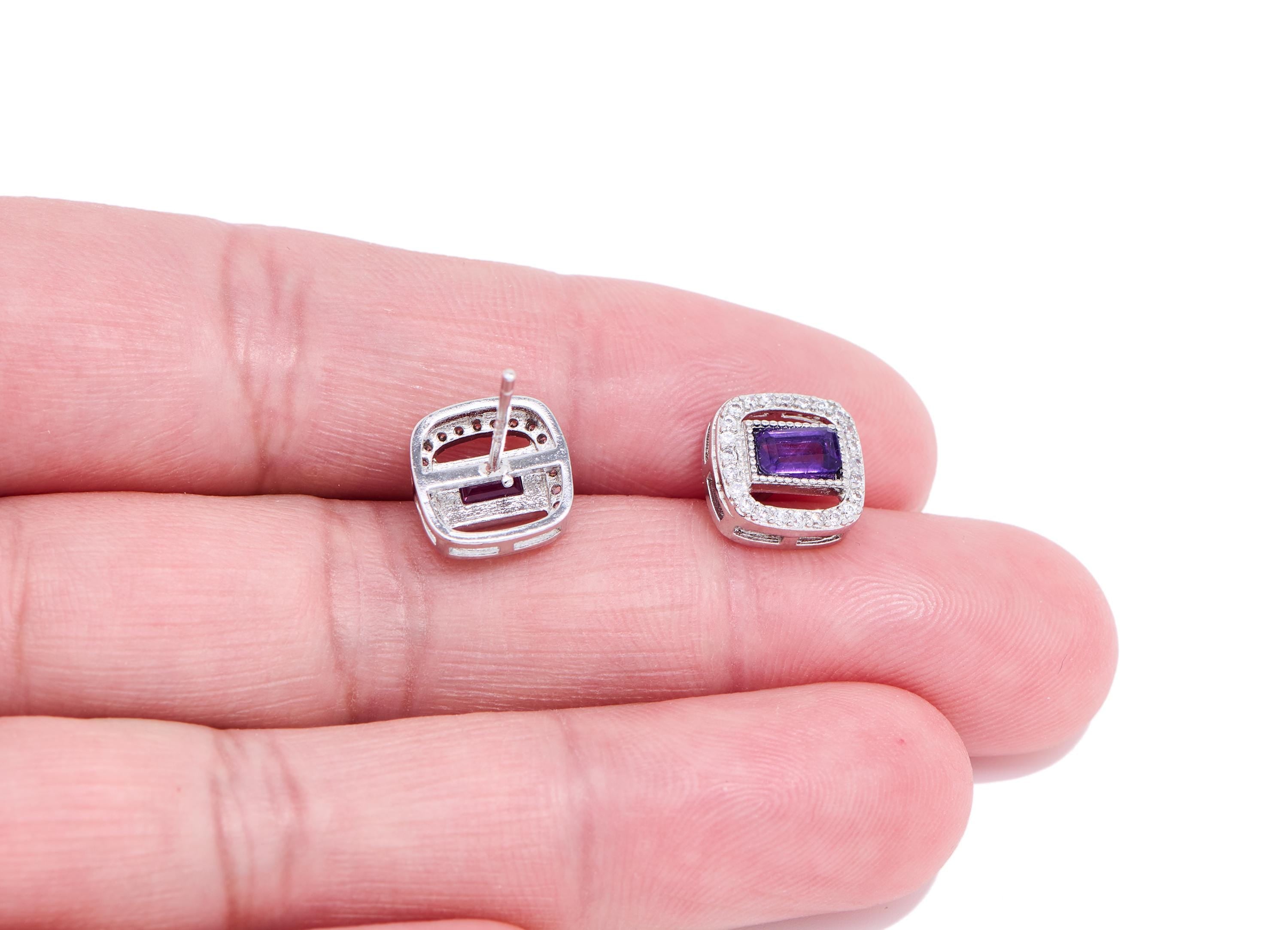 Amethyst Brass Square Stud - Vintage Rectangle Gemstone Post - Elegant Jewelry Making - Silver Stud - White K Plated - 9.66x9x4.7mm - NS2668 - DOMEDBAZAAR