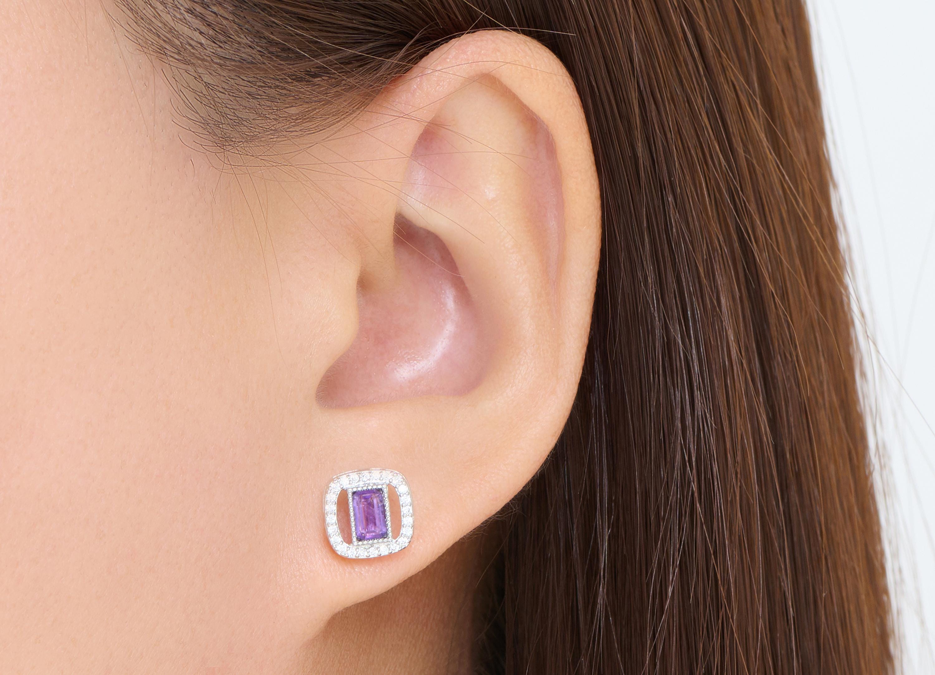 Amethyst Brass Square Stud - Vintage Rectangle Gemstone Post - Elegant Jewelry Making - Silver Stud - White K Plated - 9.66x9x4.7mm - NS2668 - DOMEDBAZAAR