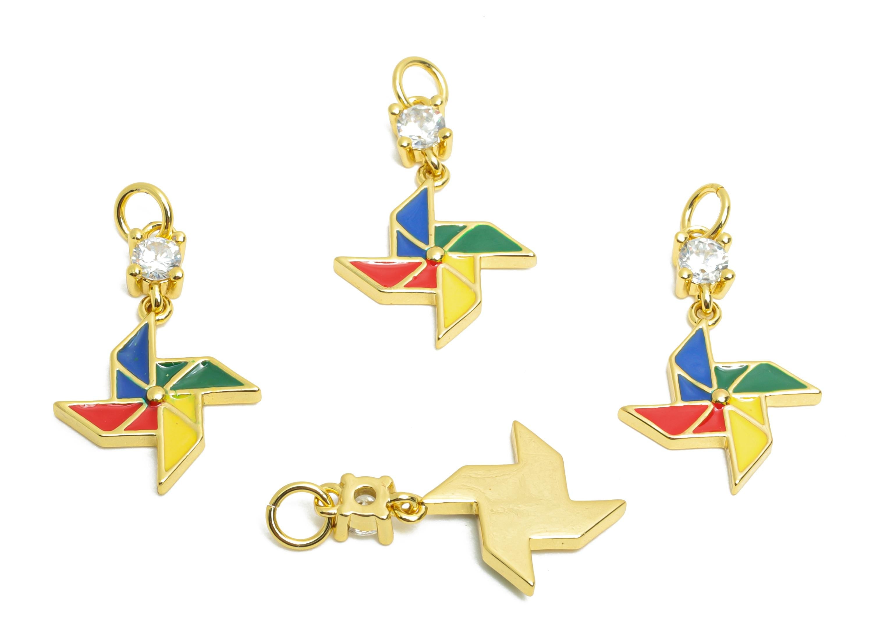 Colorful Pinwheel Earring Charm - Brass Whirlwind Enamel Charm - Zircon Pinwheel Jewelry Charm - 18K Real Gold Plated - 18x11x1mm -RGP10598 - DOMEDBAZAAR