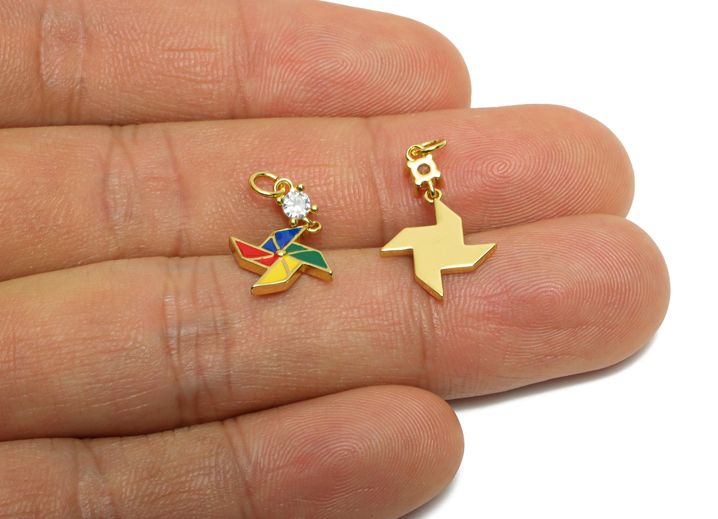 Colorful Pinwheel Earring Charm - Brass Whirlwind Enamel Charm - Zircon Pinwheel Jewelry Charm - 18K Real Gold Plated - 18x11x1mm -RGP10598 - DOMEDBAZAAR
