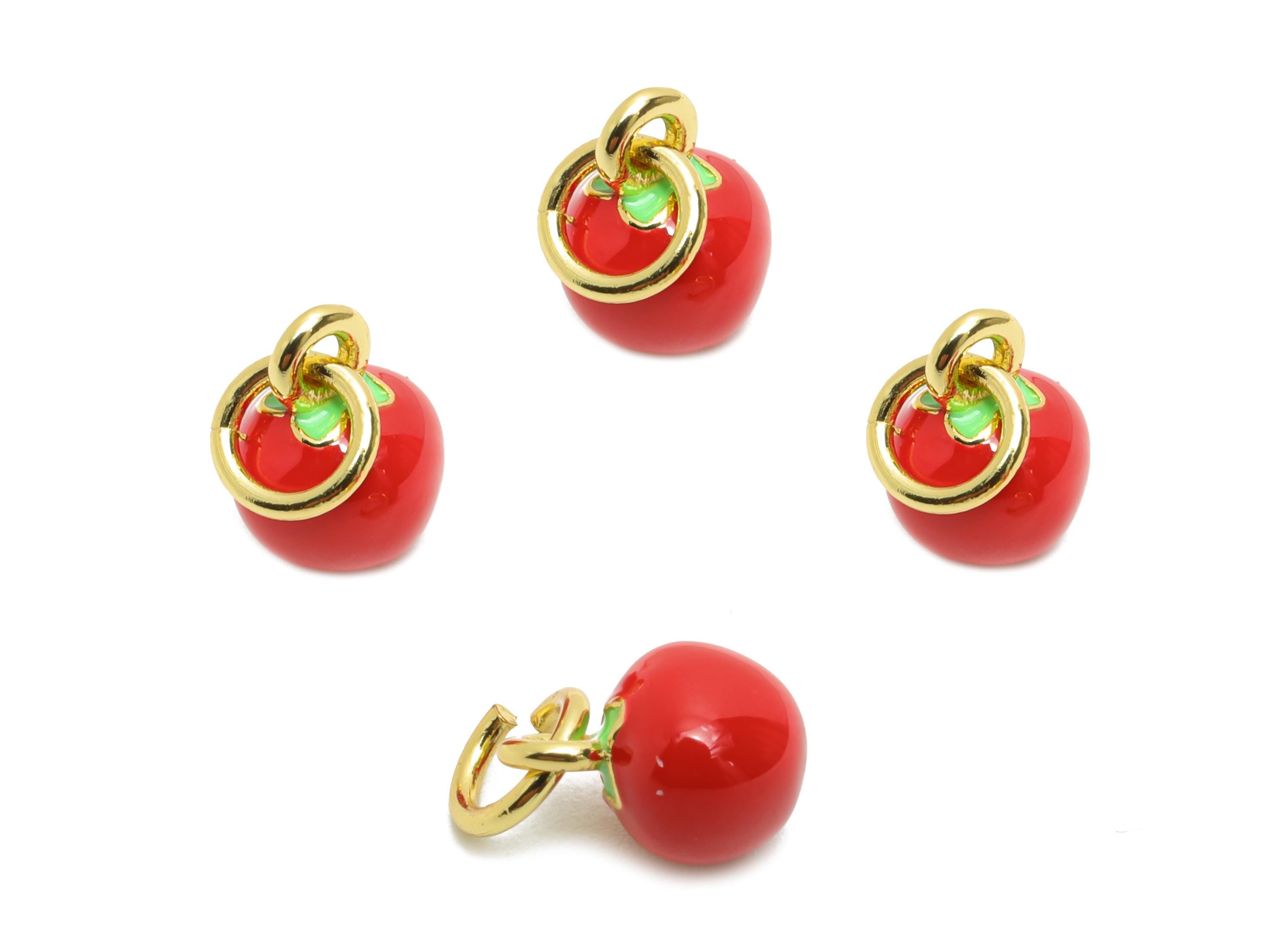 Brass Tiny Apple Earring Charm - Brass Enamel Fruit Charm - Dainty Cute Charm For Bracelet - 18K Real Gold Plated - 8x6x6.13mm - RGP10611 - DOMEDBAZAAR