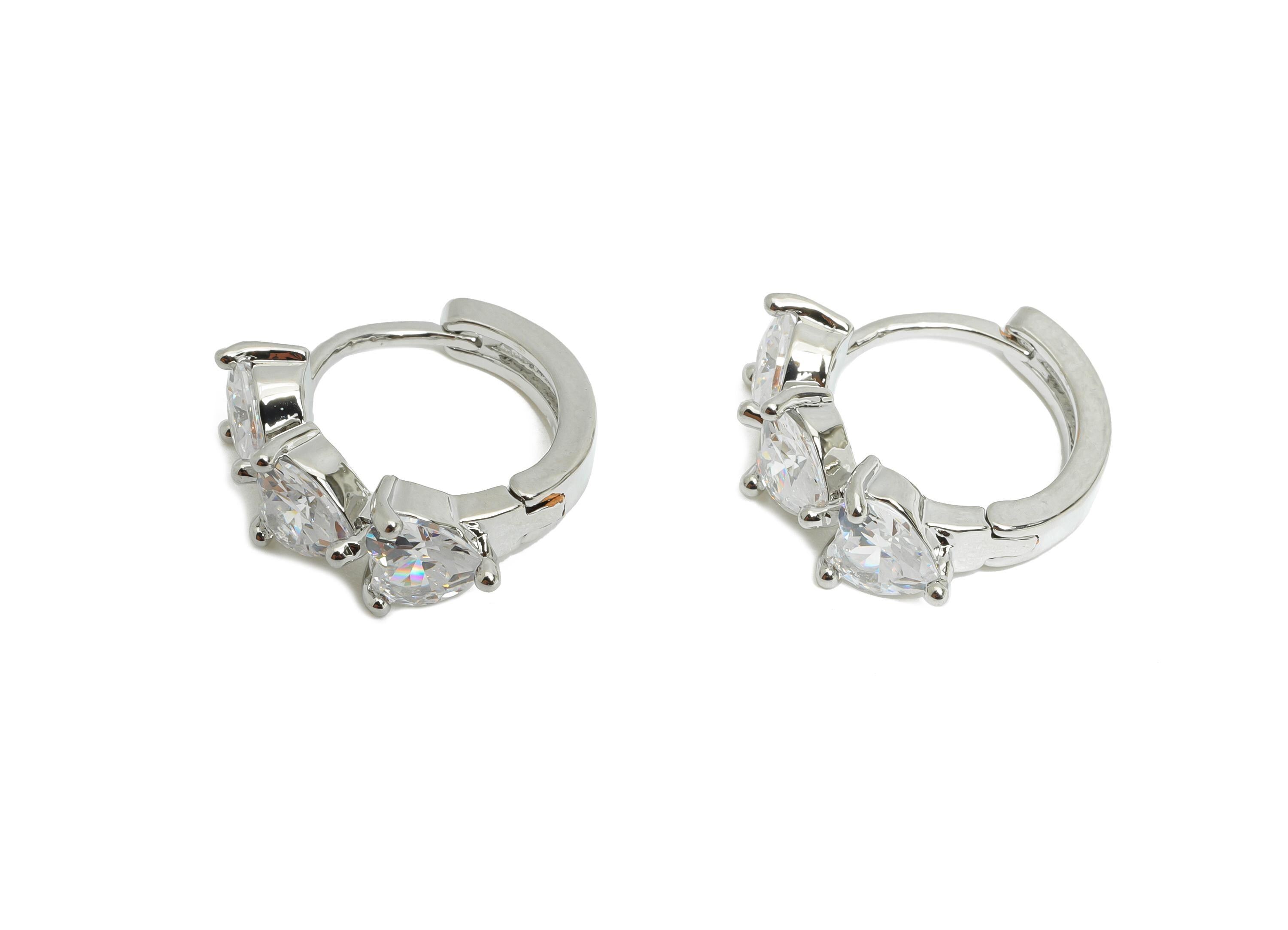 Heart Sparking Hoop - Brass Chic Huggie Hoop Clasp - Elegant Bling Cubic Zircon Earring - 18K Real White Gold Plating - 15x6x3mm - RGP9683S - DOMEDBAZAAR