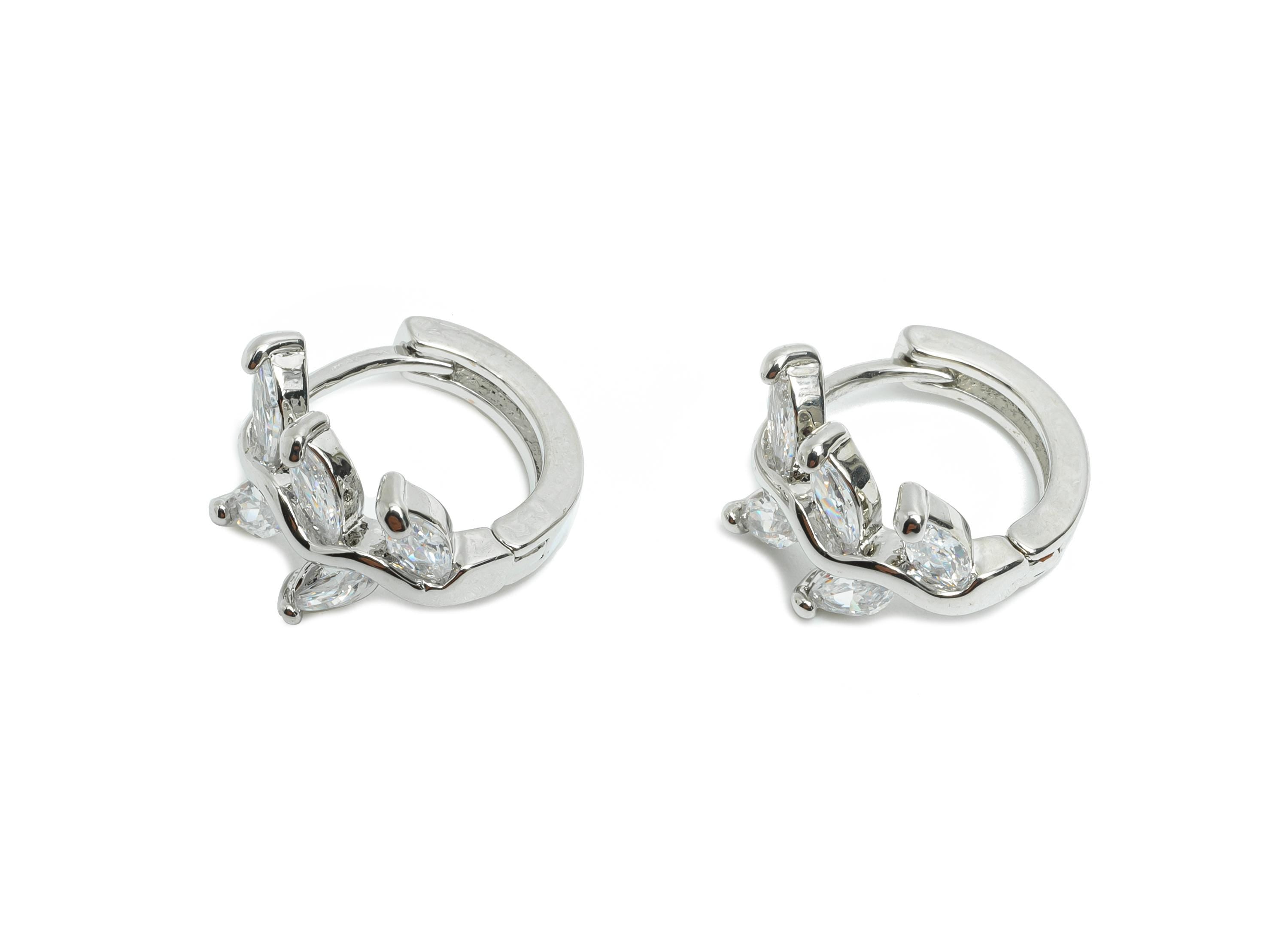 Leaf Sparking Hoop - Brass Chic Huggie Hoop Clasp - Elegant Branch Cubic Zircon Earring - 18K Real White Gold Plating - 15x6x3mm - RGP9684S - DOMEDBAZAAR