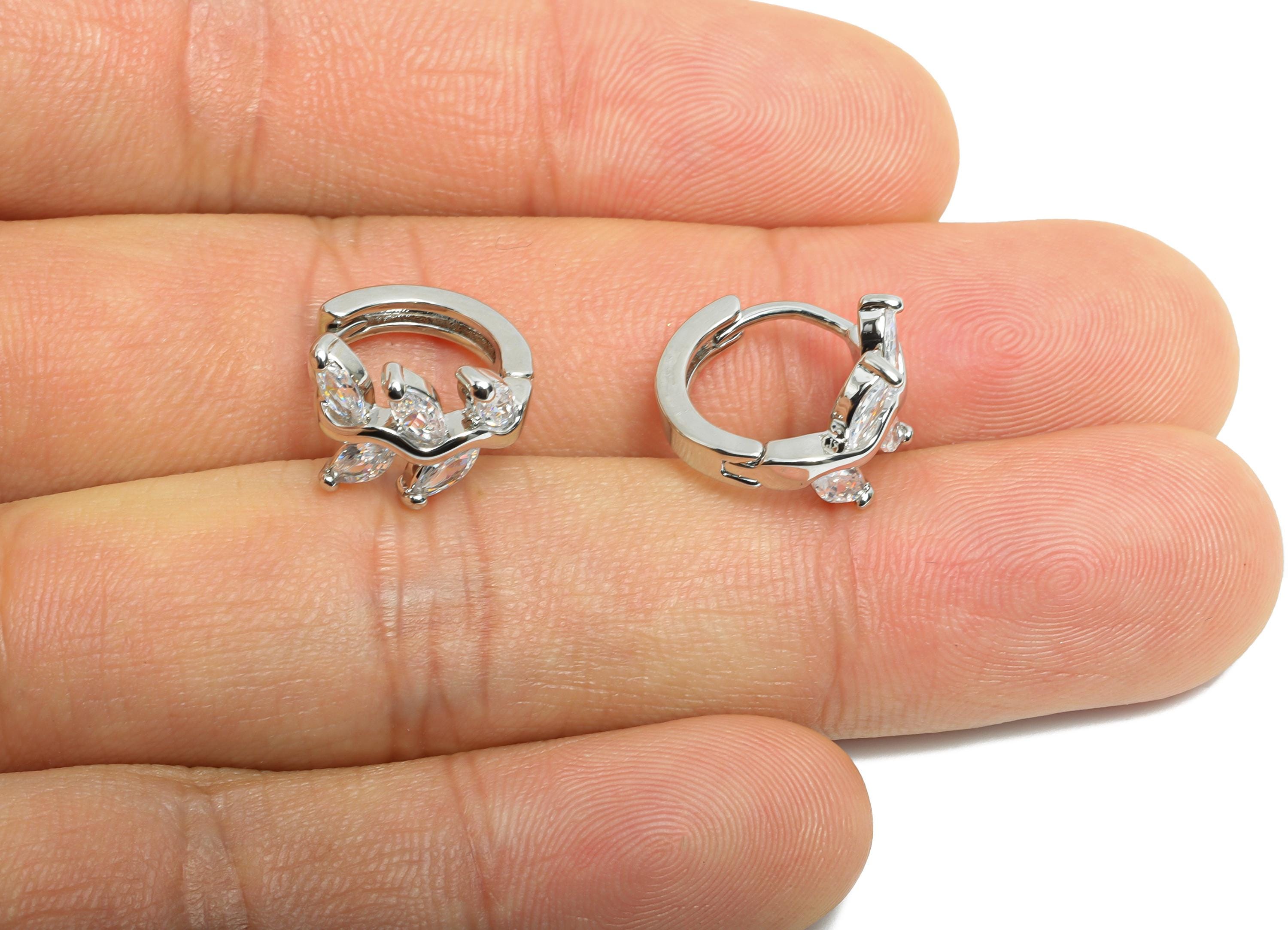 Leaf Sparking Hoop - Brass Chic Huggie Hoop Clasp - Elegant Branch Cubic Zircon Earring - 18K Real White Gold Plating - 15x6x3mm - RGP9684S - DOMEDBAZAAR