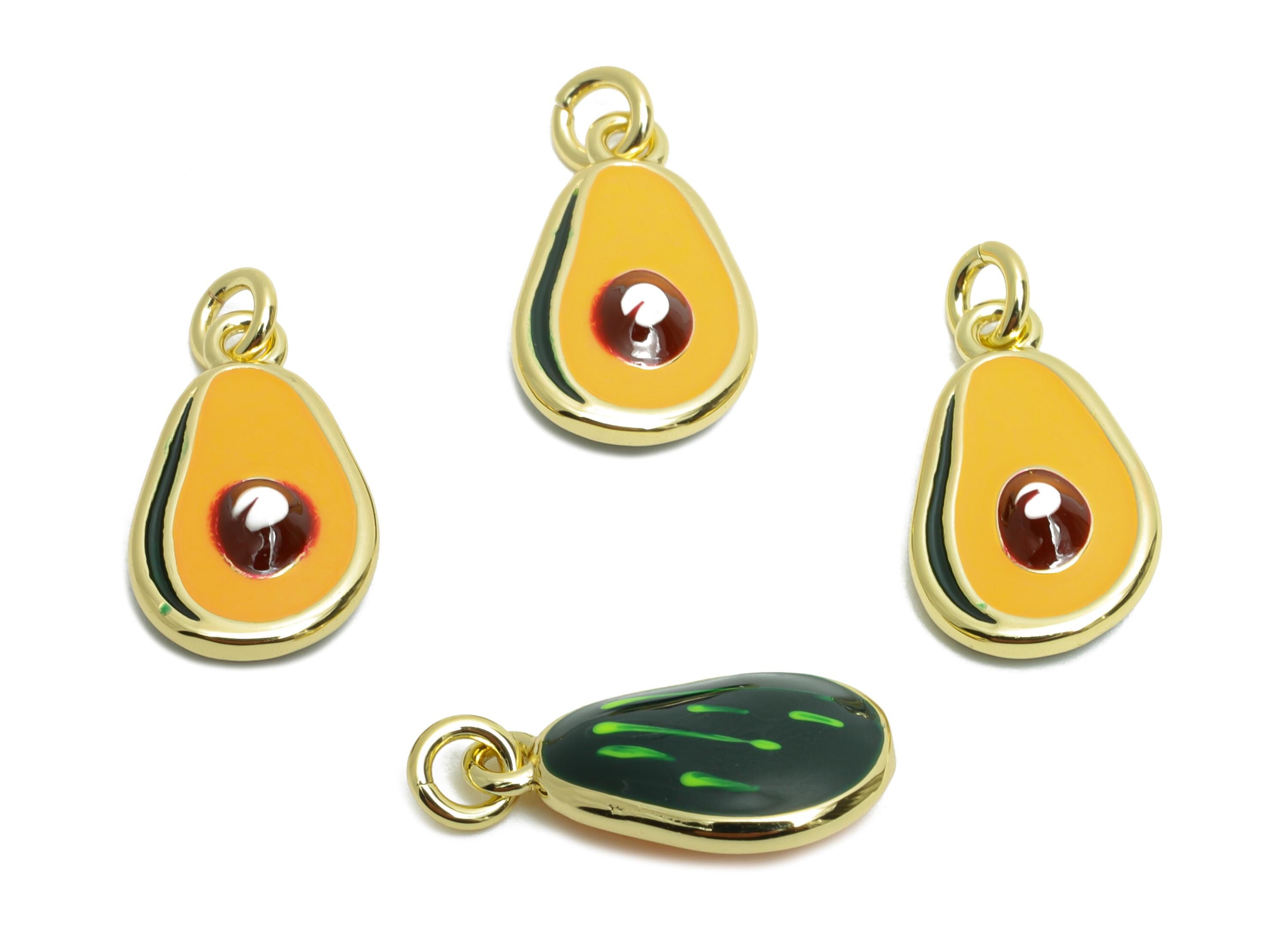 Brass Avocado Earring Charm - Brass Enamel Earring Charm - Dainty Fruit Charm For DIY Bracelet - 18K Real Gold Plated - 14x8x3mm - RGP10584 - DOMEDBAZAAR