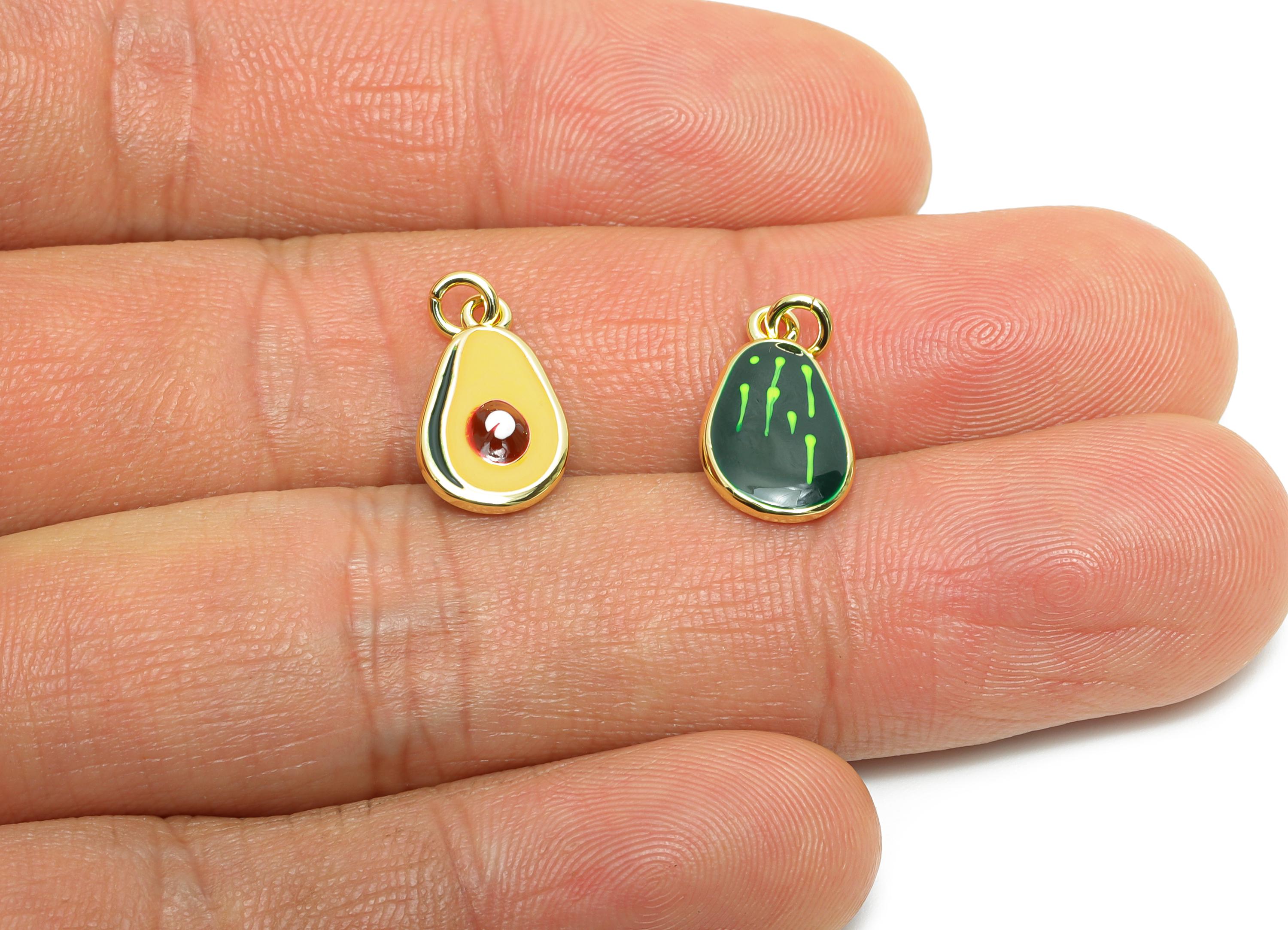 Brass Avocado Earring Charm - Brass Enamel Earring Charm - Dainty Fruit Charm For DIY Bracelet - 18K Real Gold Plated - 14x8x3mm - RGP10584 - DOMEDBAZAAR