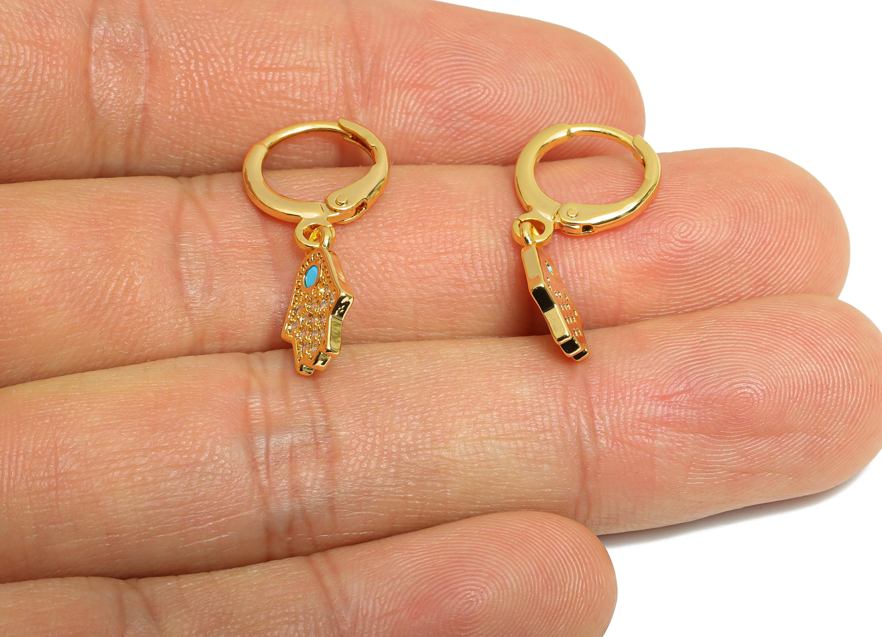 Gold Hamsa Leverback Earring - Brass Dangle Huggie Hoop Clasp - Cubic Zircon Earring - 18K Real Gold Plated - 13x8x1mm - RGP9680 - DOMEDBAZAAR