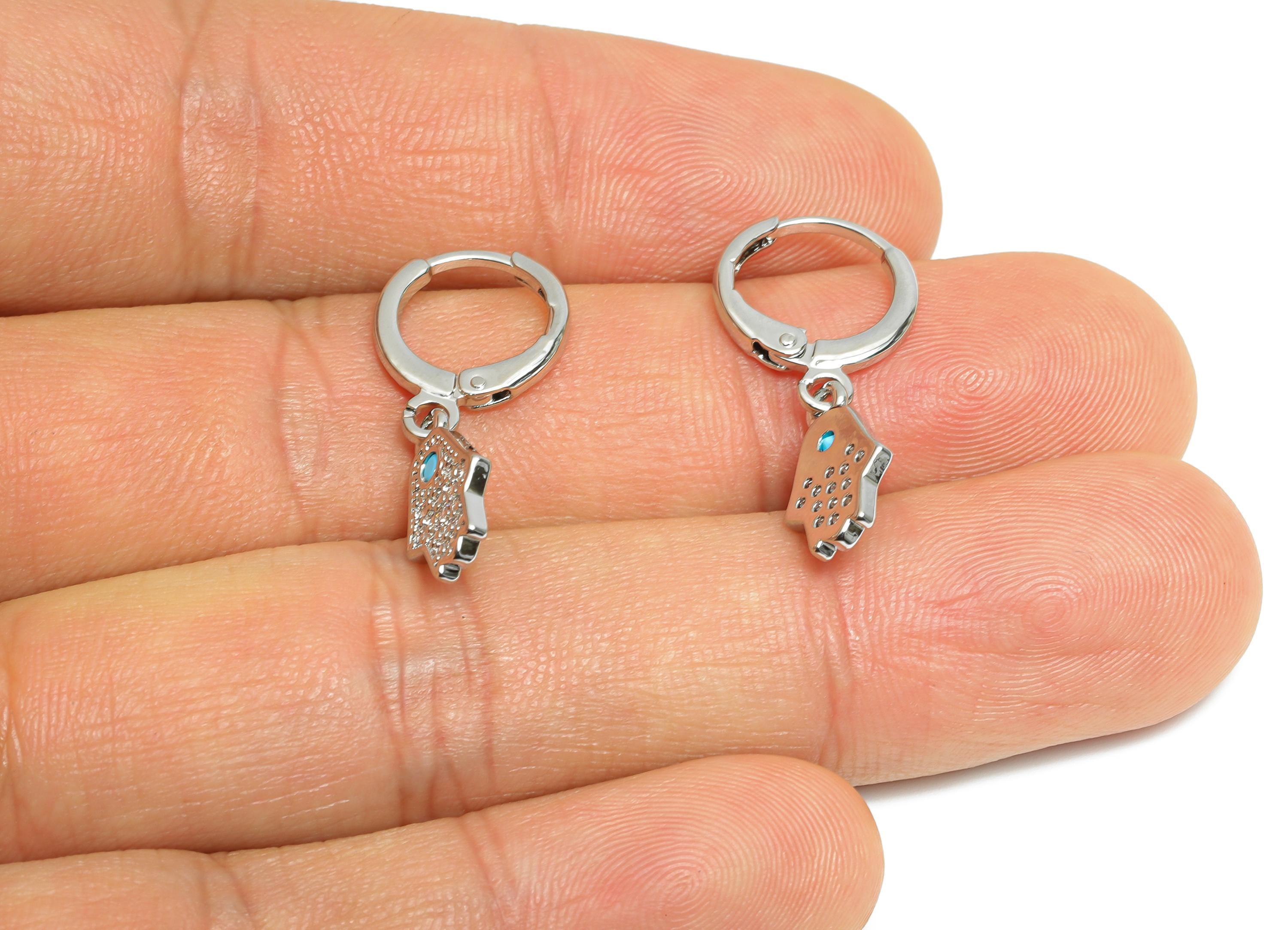 Silver Hamsa Leverback Earring - Brass Dangle Huggie Hoop Clasp - Cubic Zircon Earring - 18K Real White Gold Plated - 13x8x1mm - RGP9680S - DOMEDBAZAAR