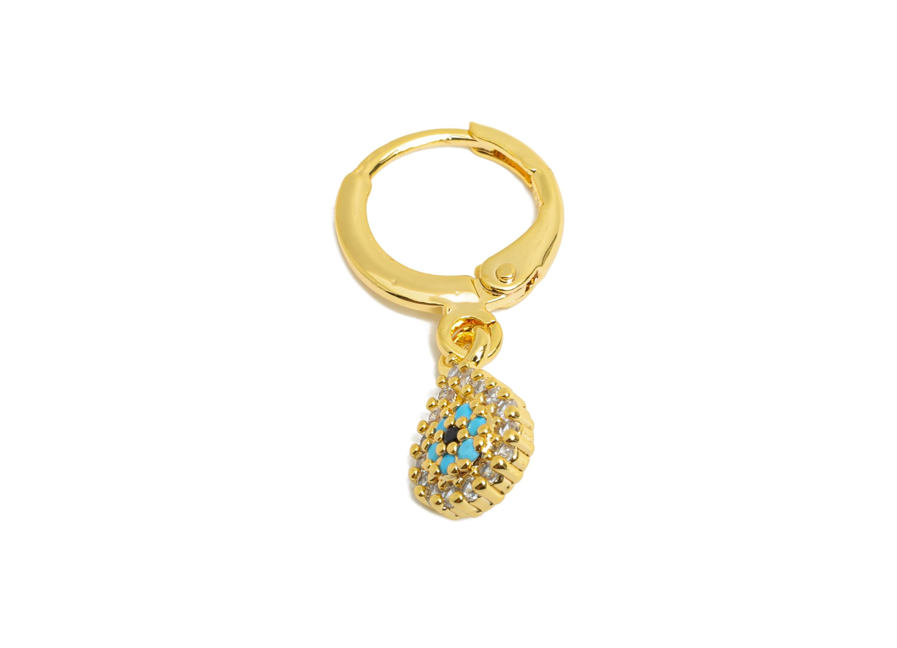 Gold Evil Eye Leverback Earring - Brass Dangle Huggie Hoop Clasp - Cubic Zircon Earring - 18K Real Gold Plated - 11x7x2mm - RGP9679 - DOMEDBAZAAR