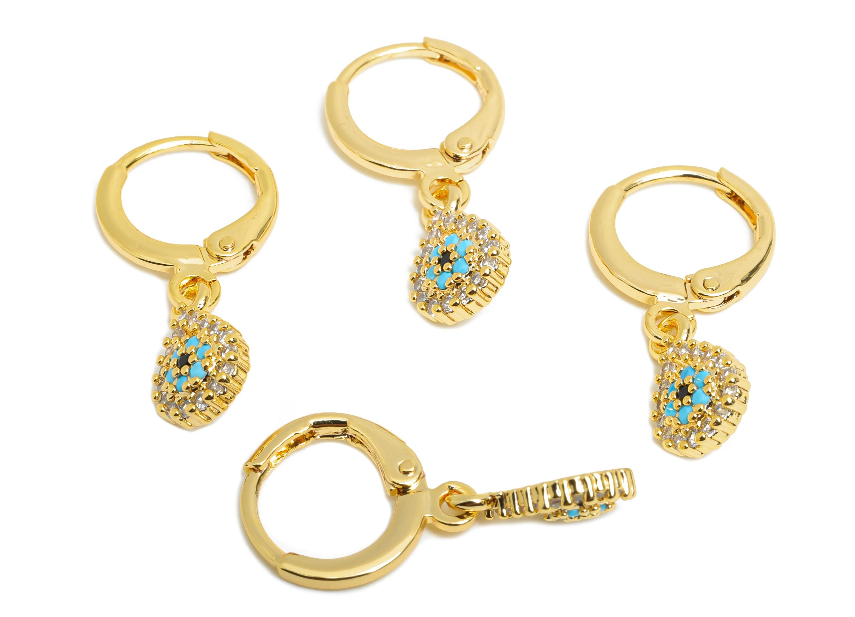 Gold Evil Eye Leverback Earring - Brass Dangle Huggie Hoop Clasp - Cubic Zircon Earring - 18K Real Gold Plated - 11x7x2mm - RGP9679 - DOMEDBAZAAR