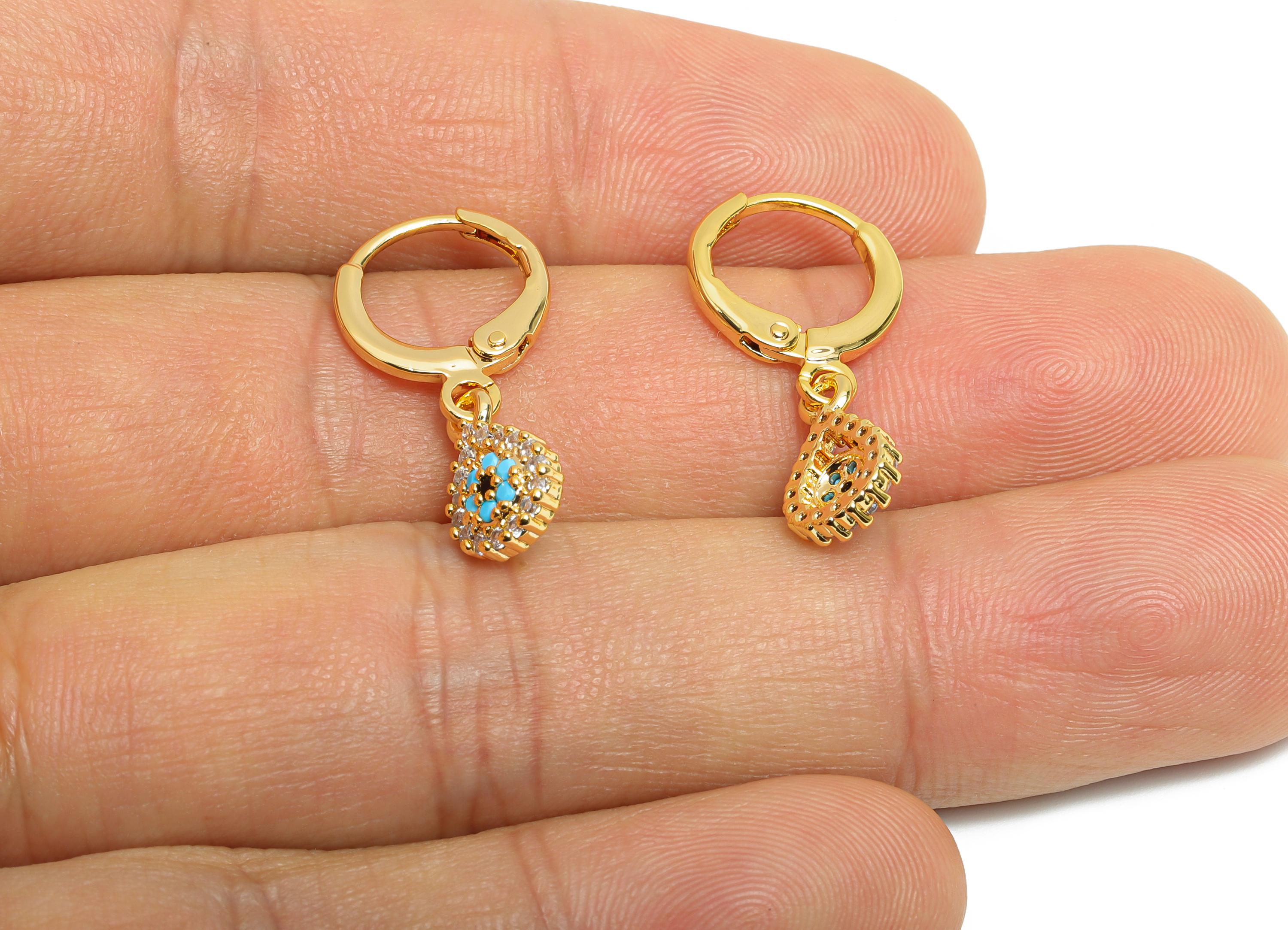 Gold Evil Eye Leverback Earring - Brass Dangle Huggie Hoop Clasp - Cubic Zircon Earring - 18K Real Gold Plated - 11x7x2mm - RGP9679 - DOMEDBAZAAR