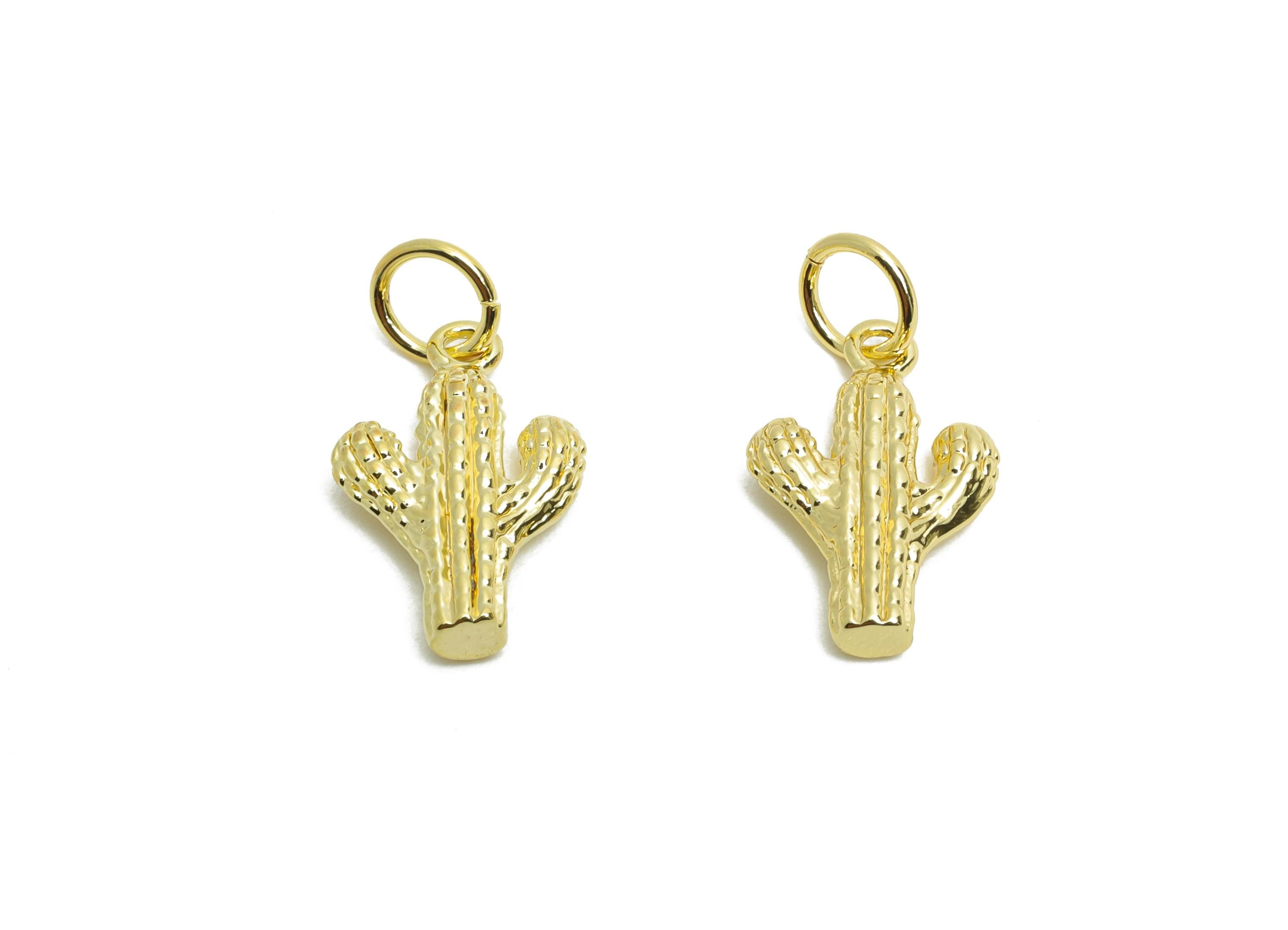 Brass Cactus Earring Charm - Brass Botanical Earring Charm - Figure Charm For DIY Bracelet - 18K Real Gold Plated - 14x8.97x1mm - RGP10606 - DOMEDBAZAAR