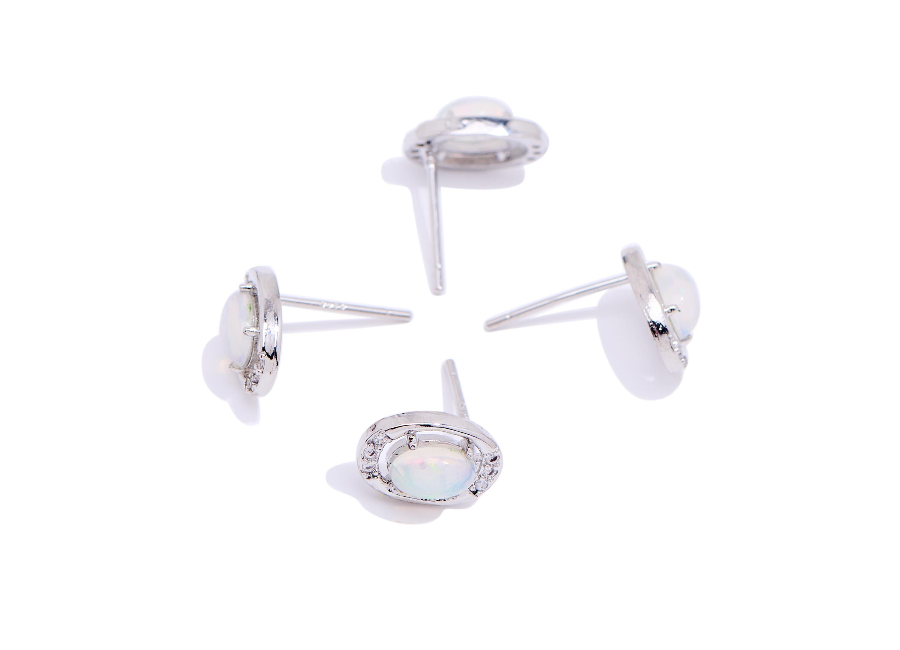 Opal Stone Brass Oval Stud - Shimmering Zircon Gemstone Post - Minimalist Jewelry Making - Silver Stud - White K Plated - 10x7x4mm -NS2640 - DOMEDBAZAAR