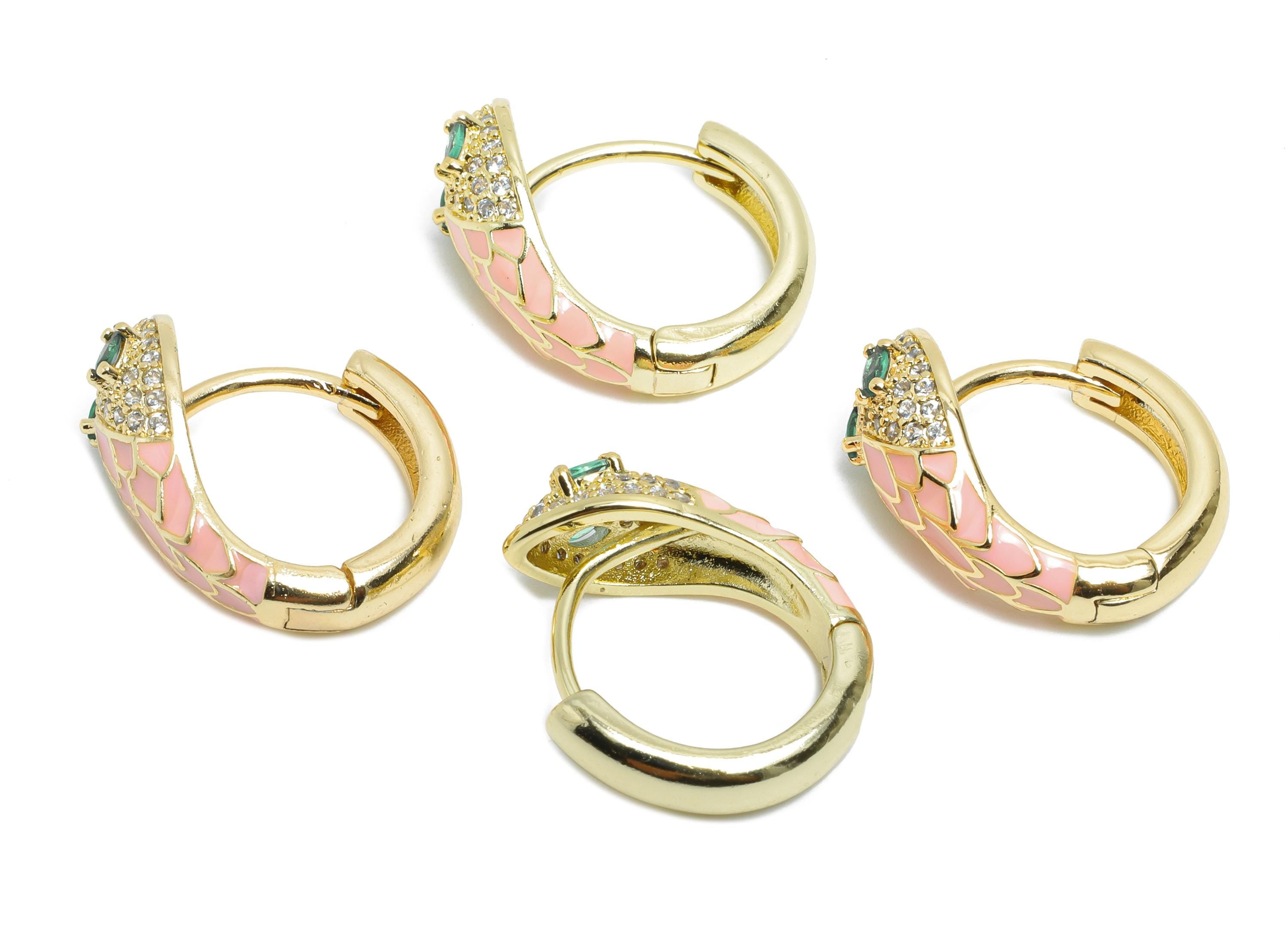 Snake Hoop Earring - Brass Pink Enamel Huggie Hoop - Cubic Zircon Dainty Animal Hoop Earrings - 18K Real Gold Plating - 18x15x7mm - RGP9711 - DOMEDBAZAAR