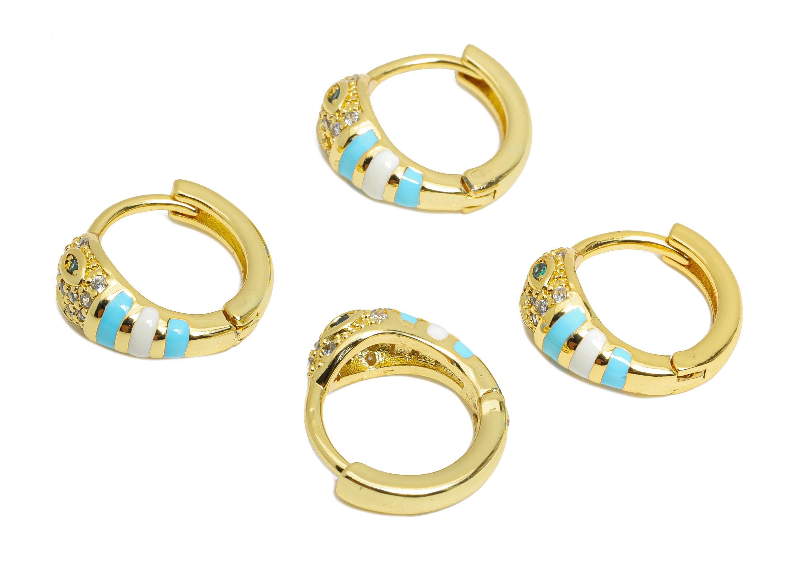 Snake Hoop Earring - Brass Colorful Enamel Huggie Hoop - Cubic Zircon Dainty Animal Hoop Earring - 18K Real Gold Plated - 14x12x5mm -RGP9710 - DOMEDBAZAAR