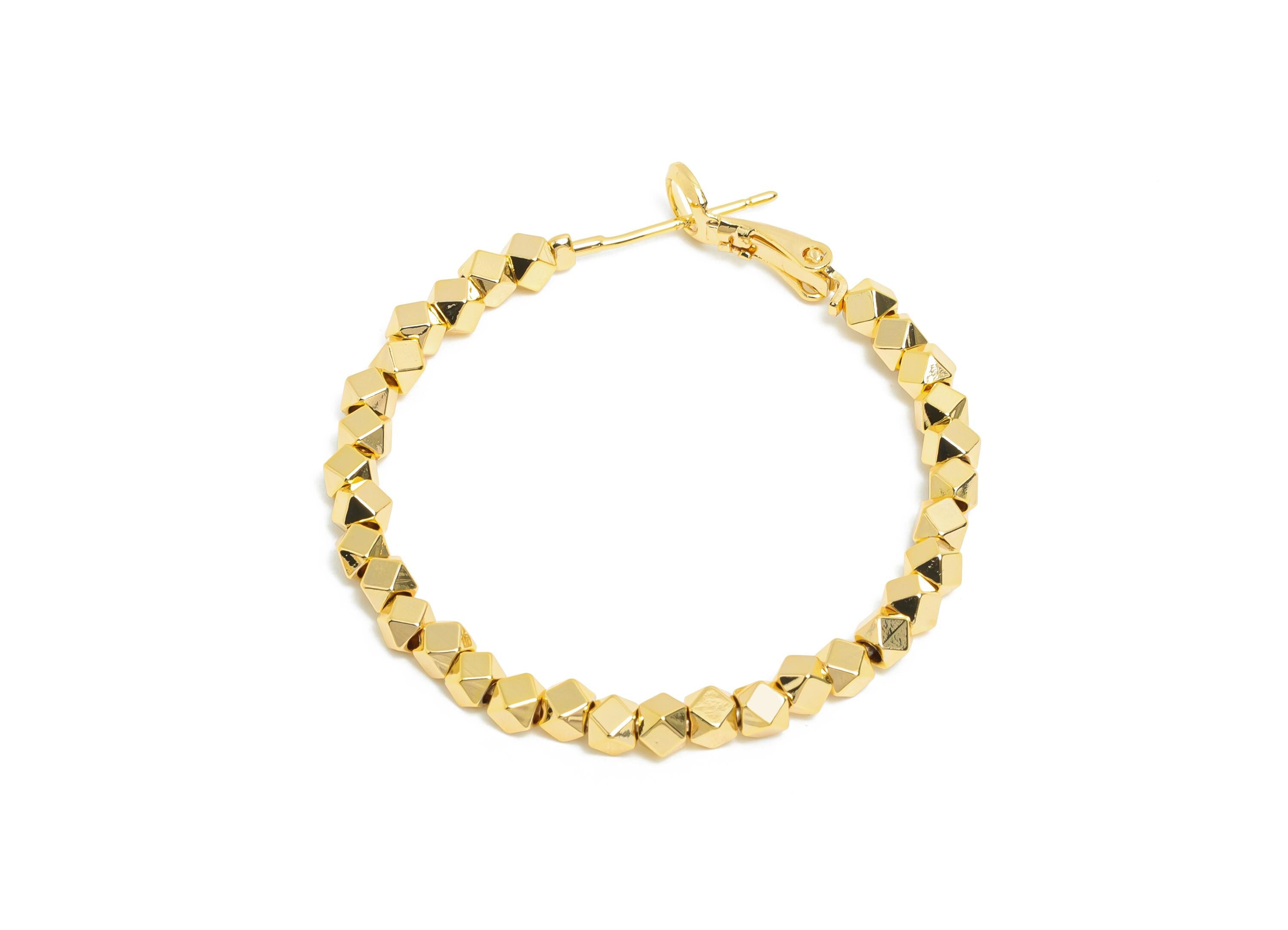 Faceted Bead Hoop Earring - Brass Polished Cubic Bead Clasp Back - Shiny Faceted Beads Earring - 18K Real Gold Plated - 40x38x2mm - RGP9637 - DOMEDBAZAAR