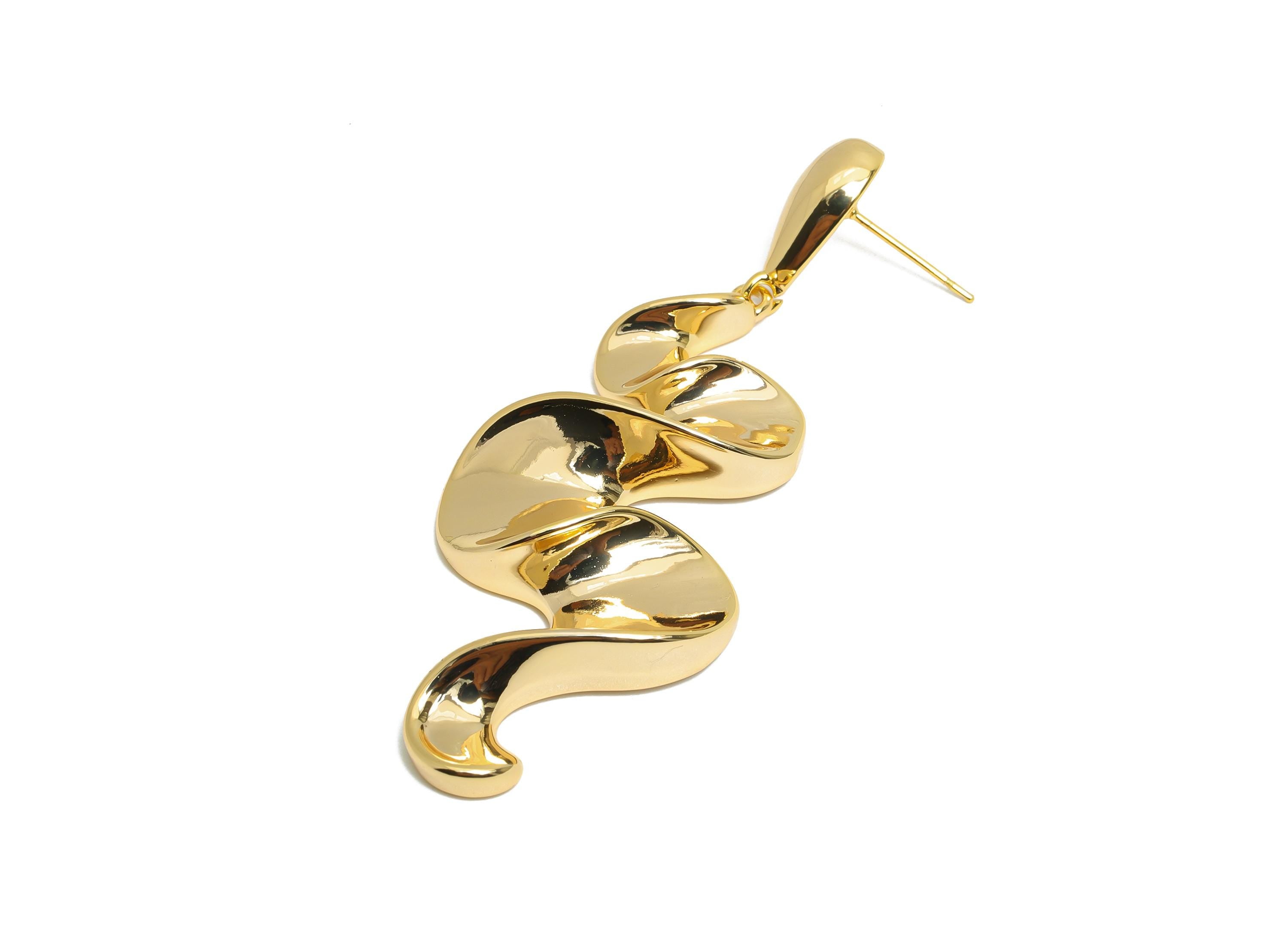 Abstract Spiral Drop Earring - Brass Dangling Earring Post - Bold Abstract Dainty Earring Stud - 18K Real Gold Plated - 68x24x7mm - RGP9645 - DOMEDBAZAAR