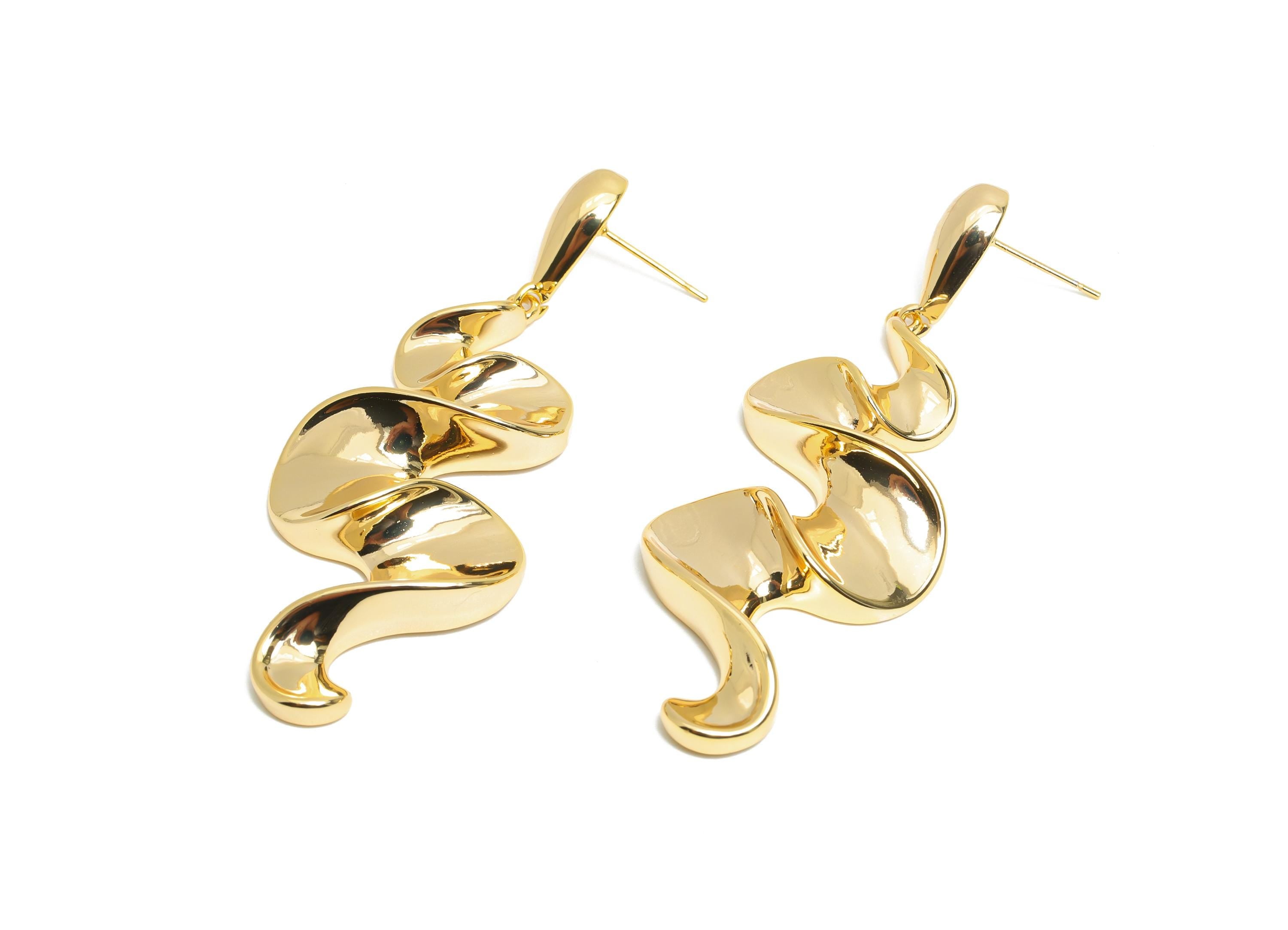 Abstract Spiral Drop Earring - Brass Dangling Earring Post - Bold Abstract Dainty Earring Stud - 18K Real Gold Plated - 68x24x7mm - RGP9645 - DOMEDBAZAAR
