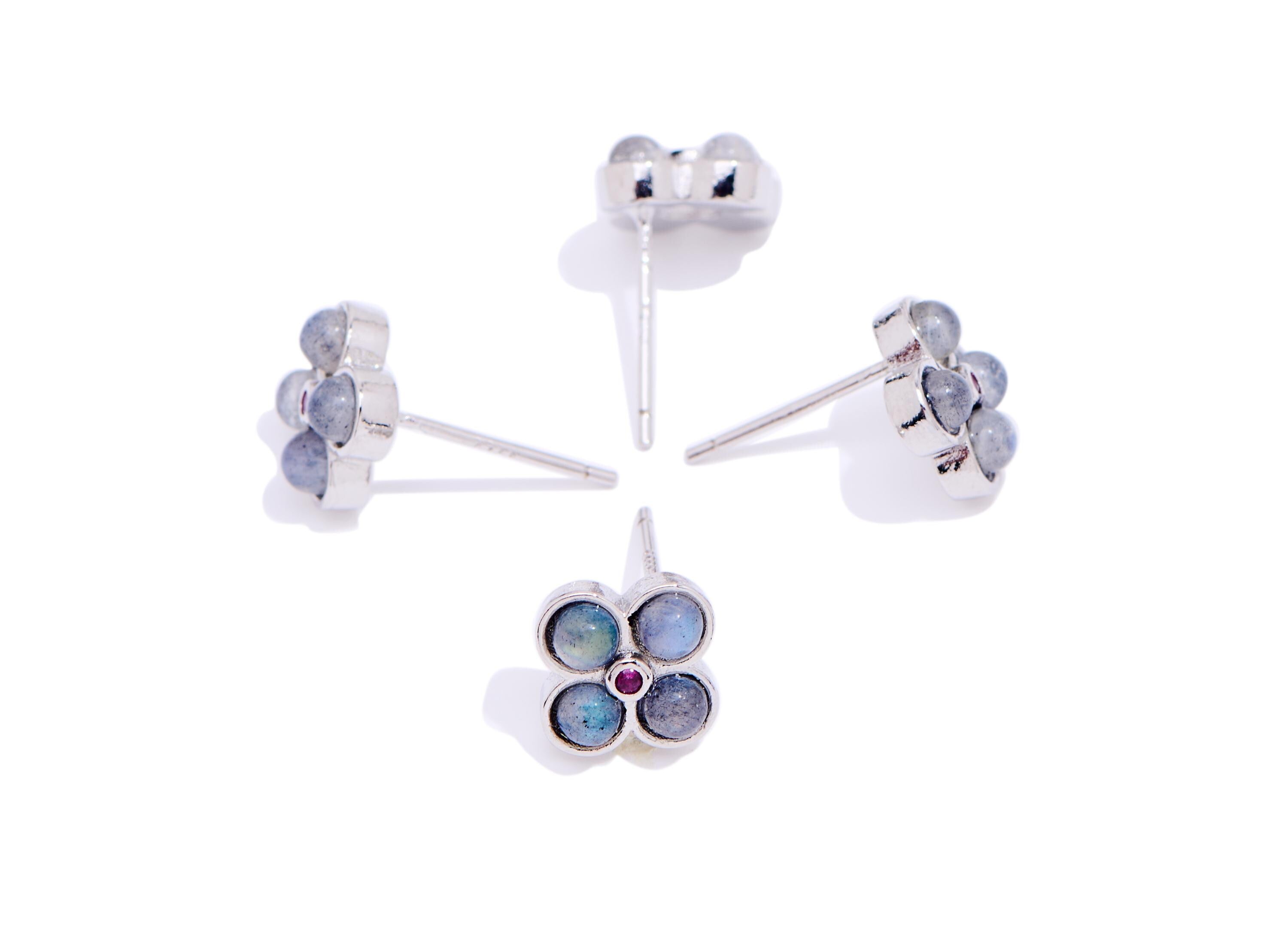 Moonstone Brass Flower Studs - Four-Leaf Clover Gem Earring Posts - Jewelry Making - Silver Stud - White K Plated - 9.5x7.9x3.9mm - NS2604 - DOMEDBAZAAR