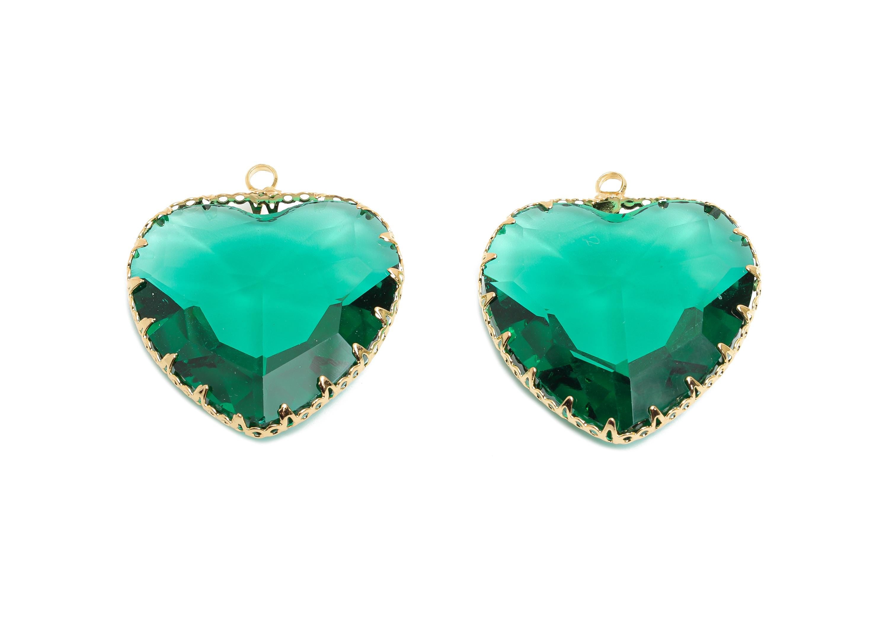 Glass Heart Earring Charms - Brass Sparking Frame Pendant - Romantic Heart Charm - Faceted Glass - Gold Tone Plated - 31x27x9.64mm - GS1163A - DOMEDBAZAAR