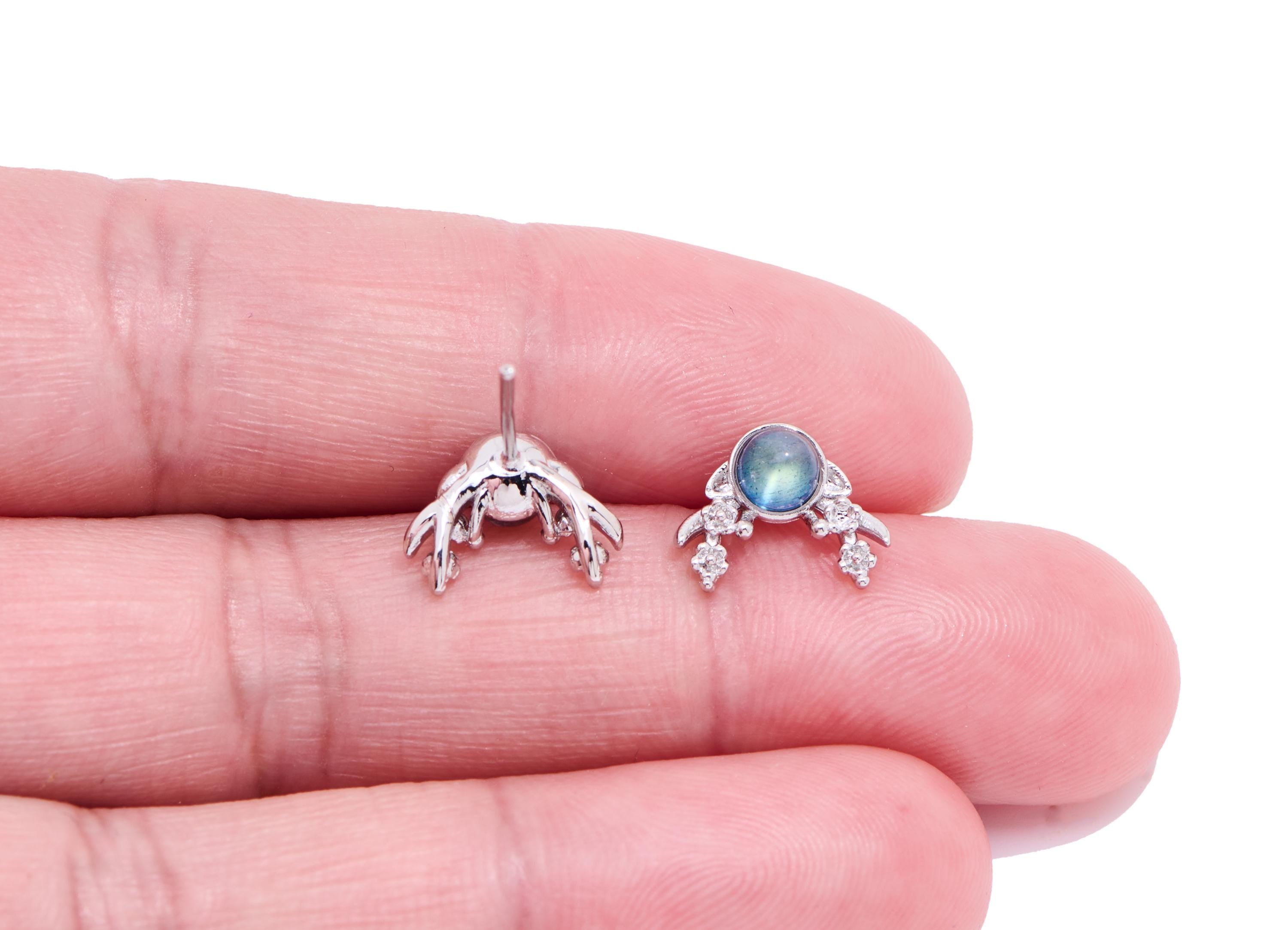 Moonstone Brass Antler Studs - Sparkling Gemstone Earring Posts - Jewelry Making - Silver Stud - White K Plated - 10.91x8.78x5.3mm - NS2644 - DOMEDBAZAAR