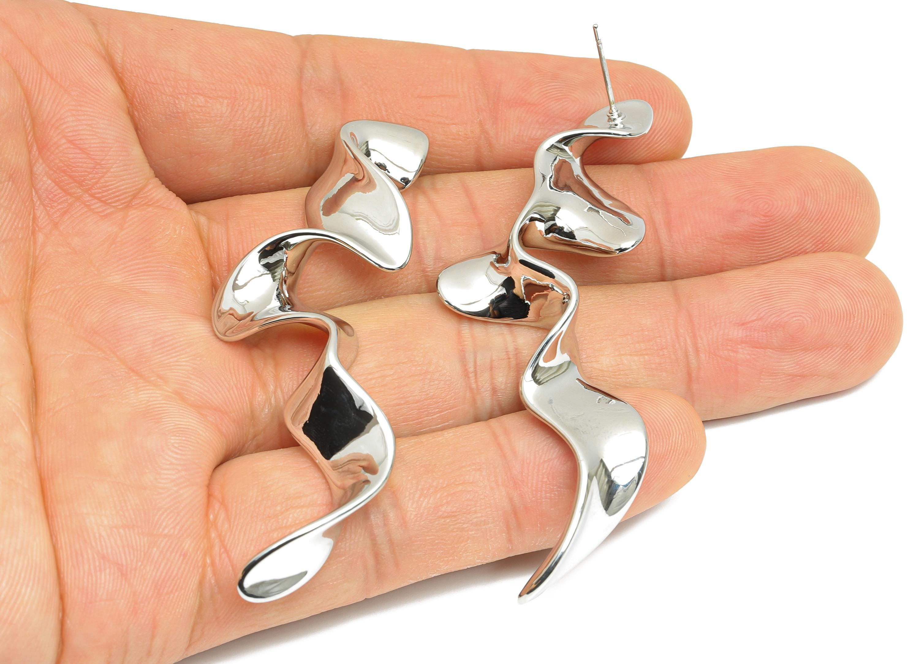 Curvy Abstract Earring Stud - Brass Twisted Gold Earring Post -  Ripple Earring Stud - 18K Real White Gold Plated - 68x24x6.7mm - RGP9646S - DOMEDBAZAAR